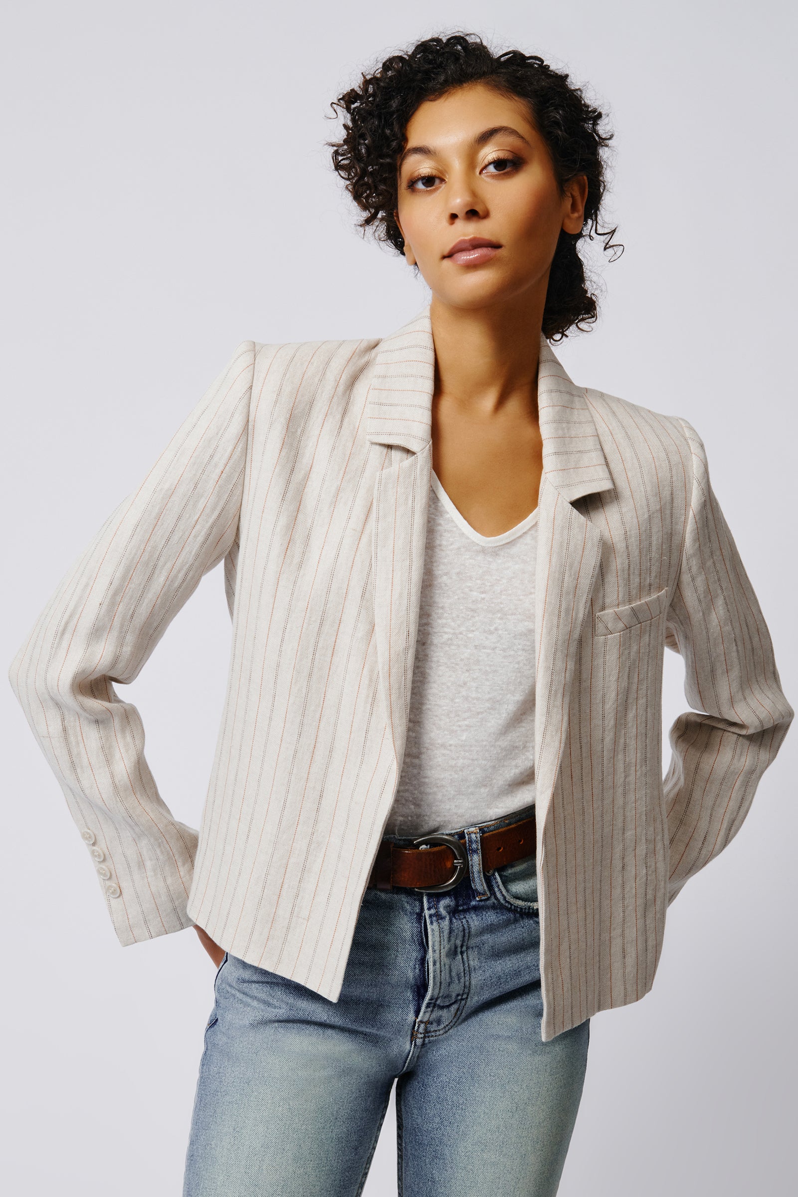Kal Rieman Crop Tux Linen Blazer in Khaki Stripe on Model Front View Crop 2