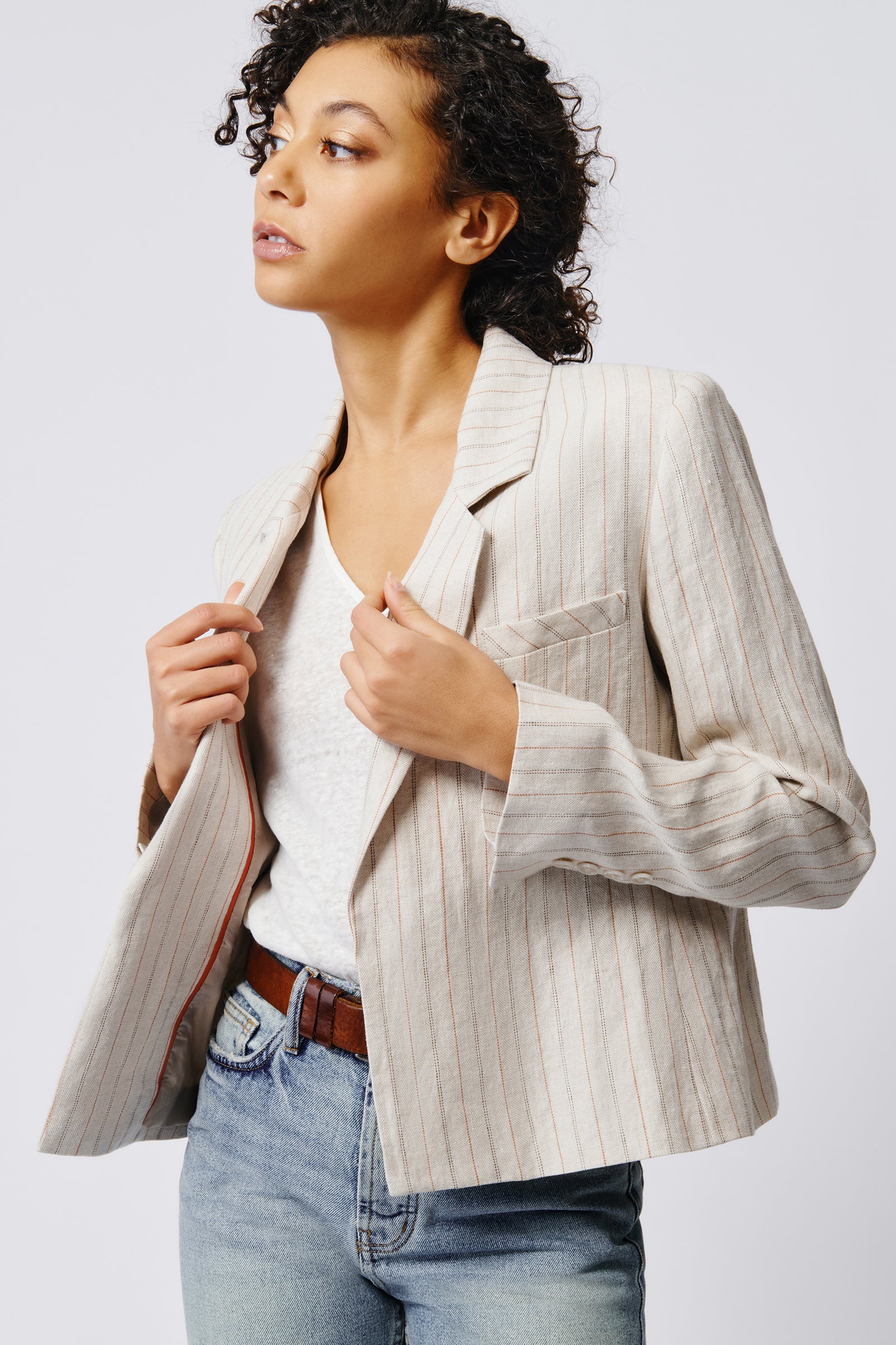 Kal Rieman Crop Tux Linen Blazer in Khaki Stripe on Model Front View Crop 5