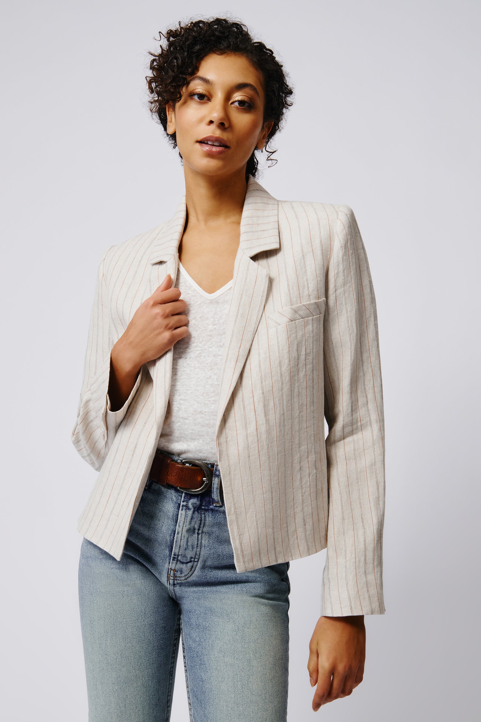 Kal Rieman Crop Tux Linen Blazer in Khaki Stripe on Model Front View Crop