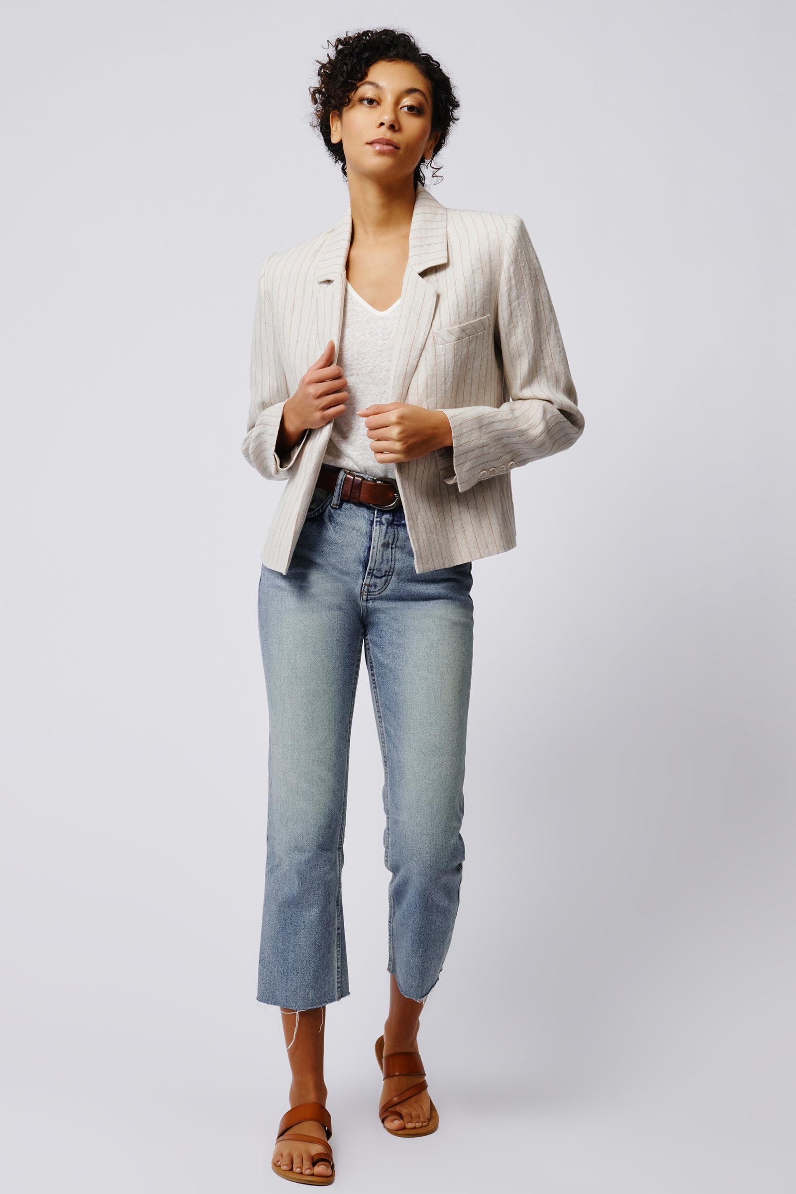 Kal Rieman Crop Tux Linen Blazer in Khaki Stripe on Model Full Front View