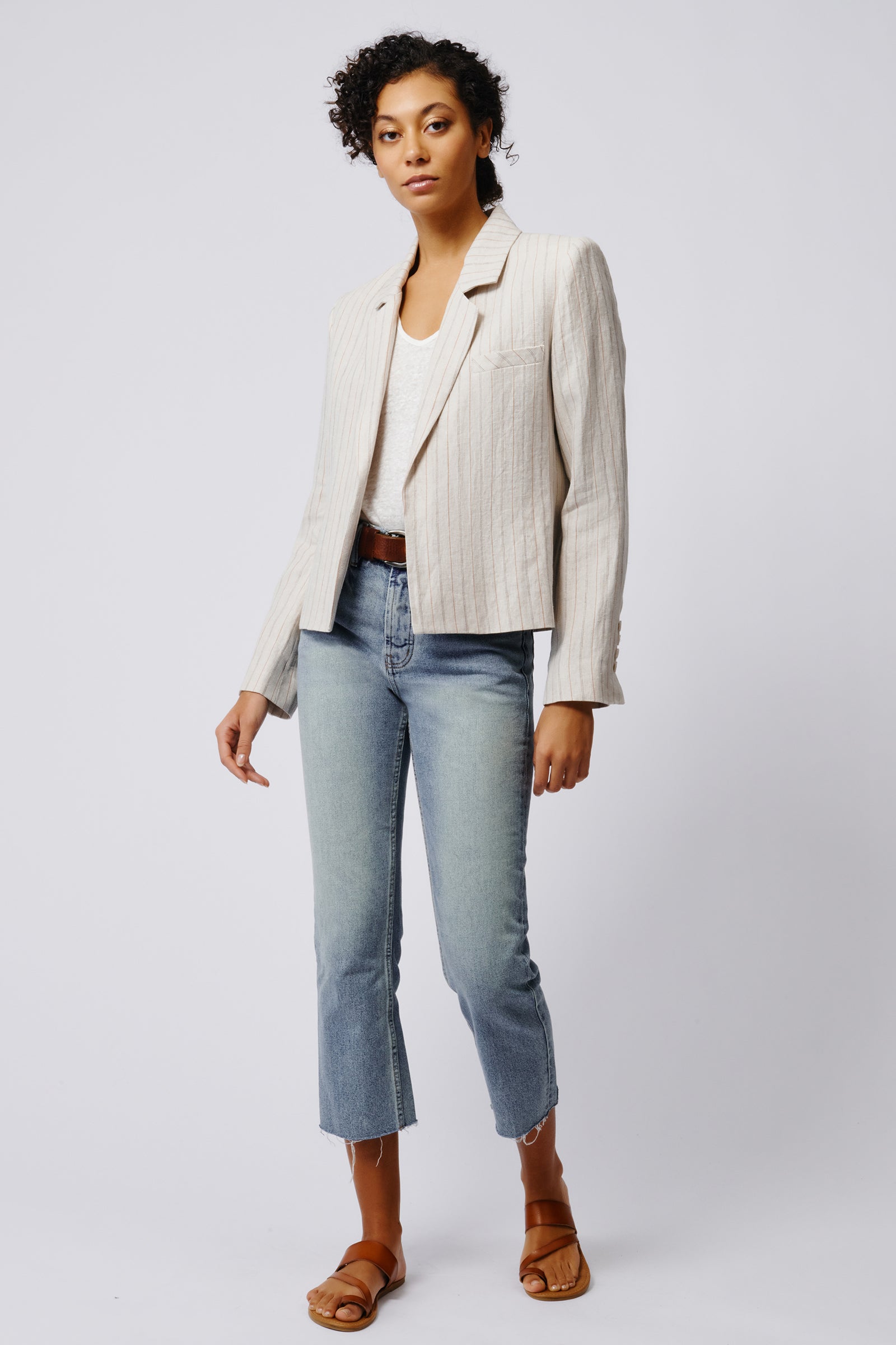 Kal Rieman Crop Tux Linen Blazer in Khaki Stripe on Model Full Front View 2