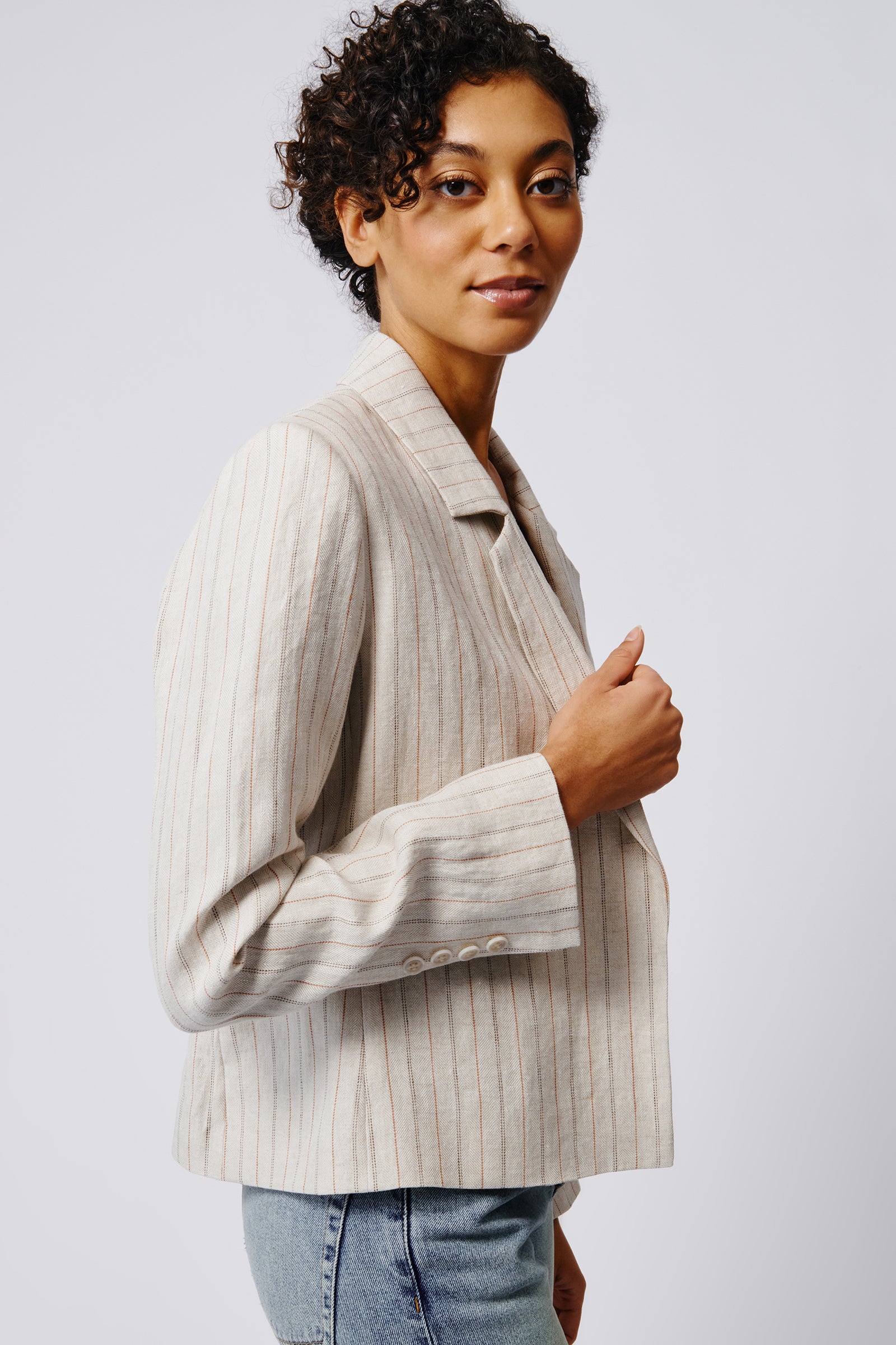 Kal Rieman Crop Tux Linen Blazer in Khaki Stripe on Model Side View Crop 2