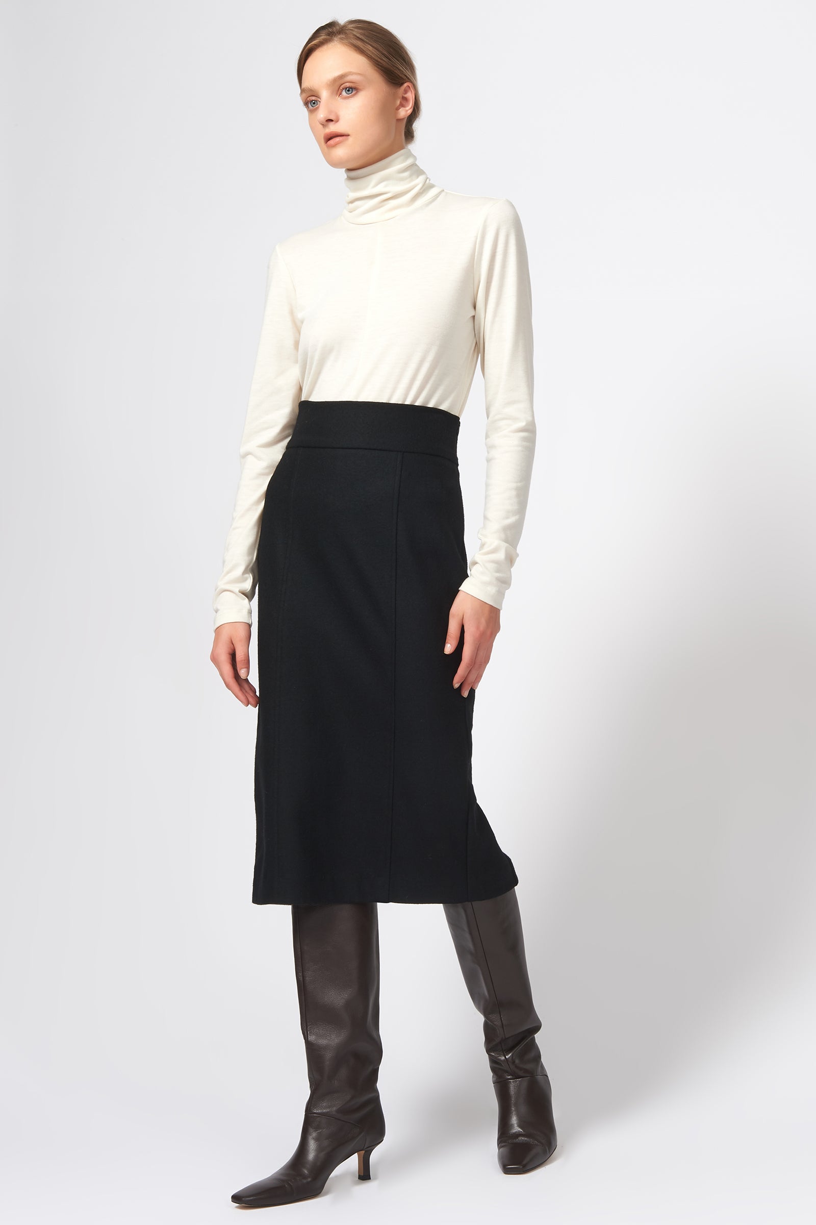 Kal Rieman High Waisted Pencil Skirt in Black on Model Full Front View