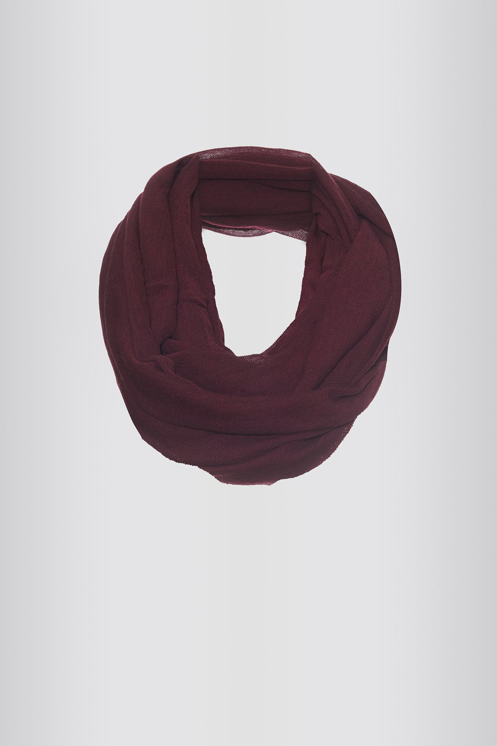 Kal Rieman Infinity Circle Scarf in Wine on Model Front View Tied