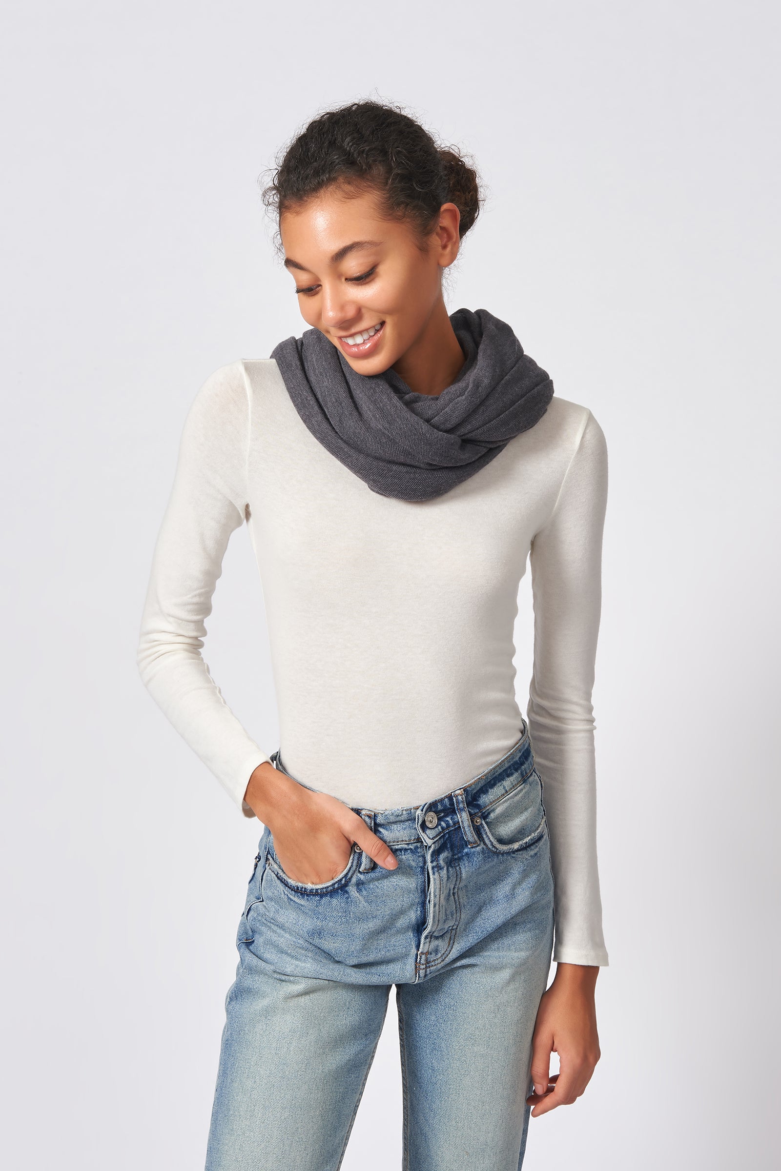 Kal Rieman Infinity Circle Scarf in Charcoal on Model Front Full View Tied