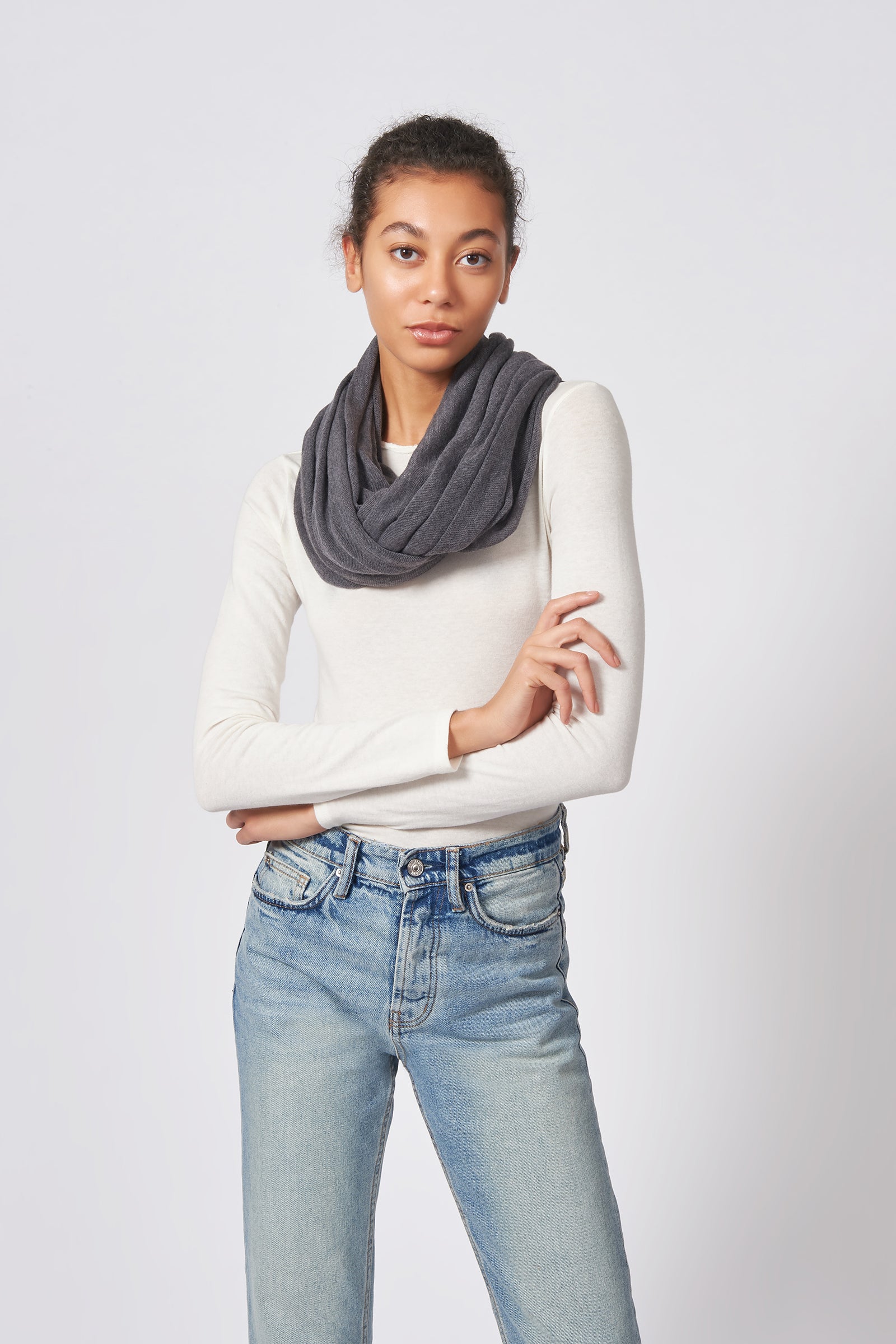 Kal Rieman Infinity Circle Scarf in Charcoal on Model Front Full View Tied