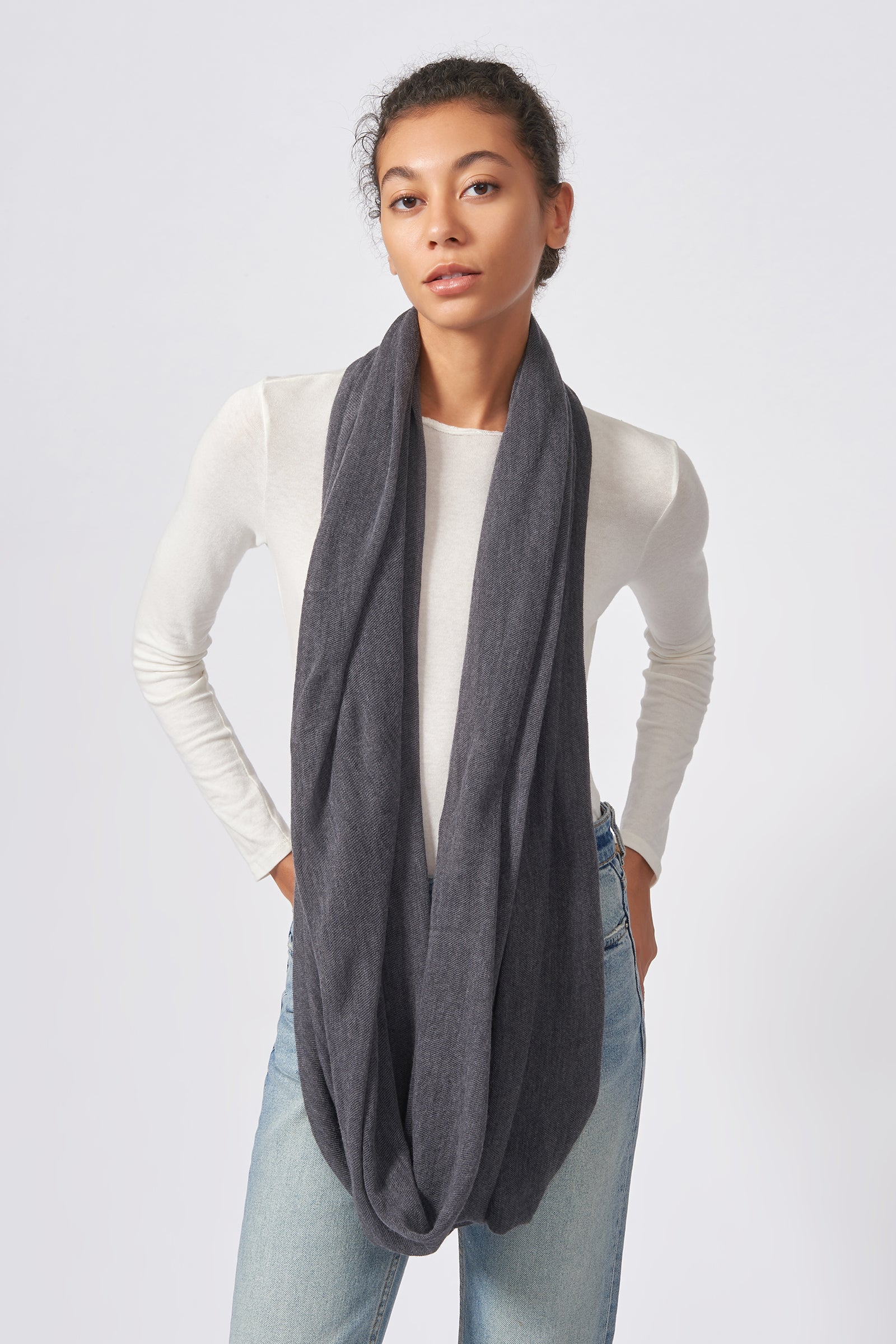 Kal Rieman Infinity Circle Scarf in Charcoal on Model Front Full View Untied