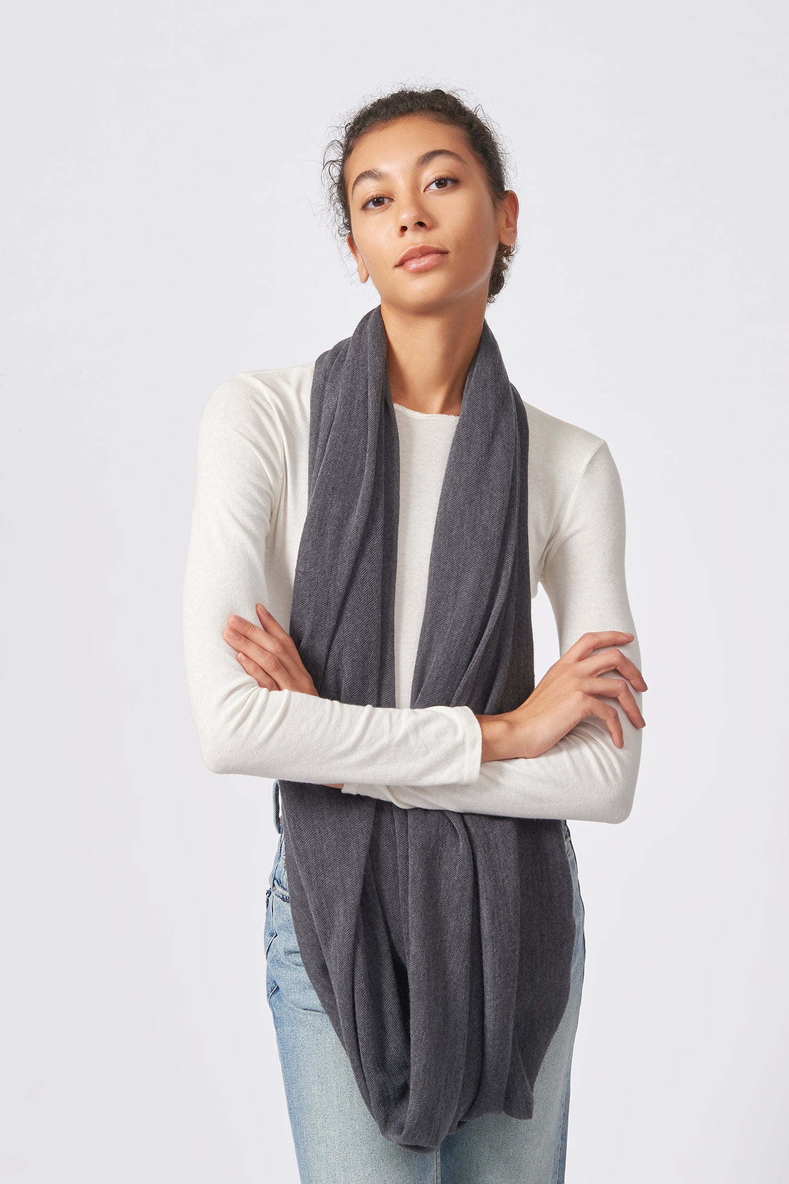 Kal Rieman Infinity Circle Scarf in Charcoal on Model Front Full View Untied