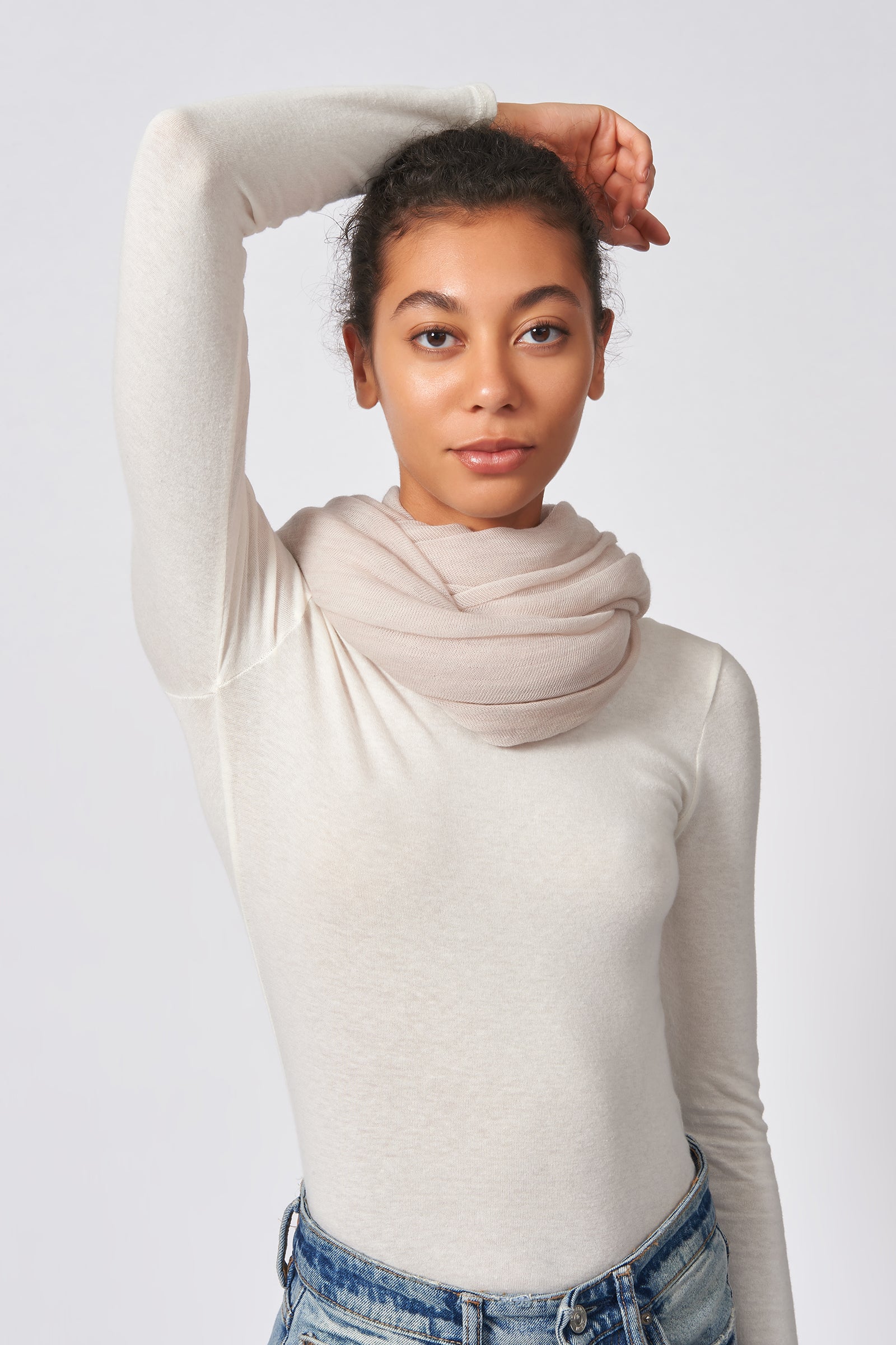 Kal Rieman Infinity Circle Scarf in Cream on Model Front Close-up View Tied