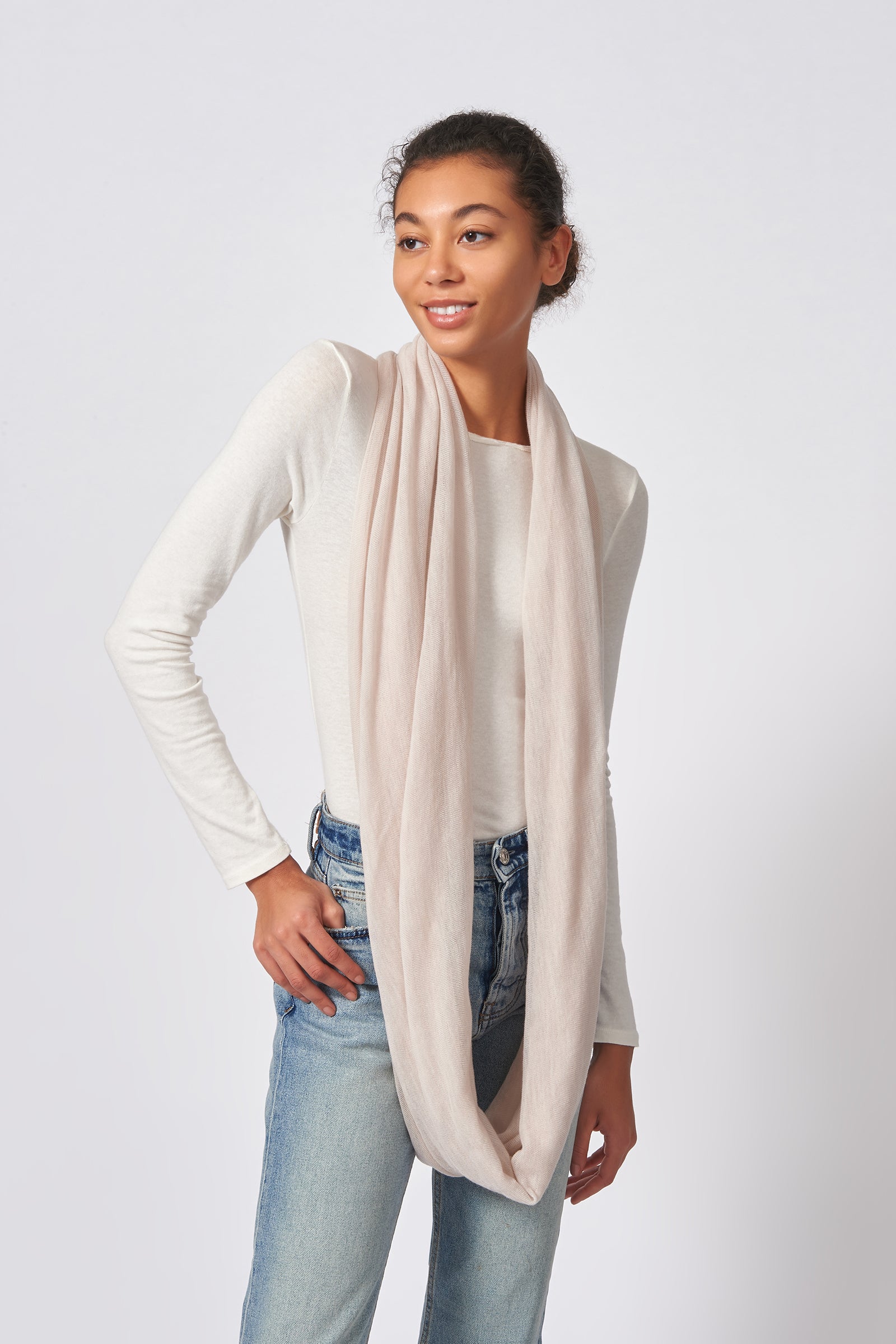 Kal Rieman Infinity Circle Scarf in Cream on Model Front View Untied