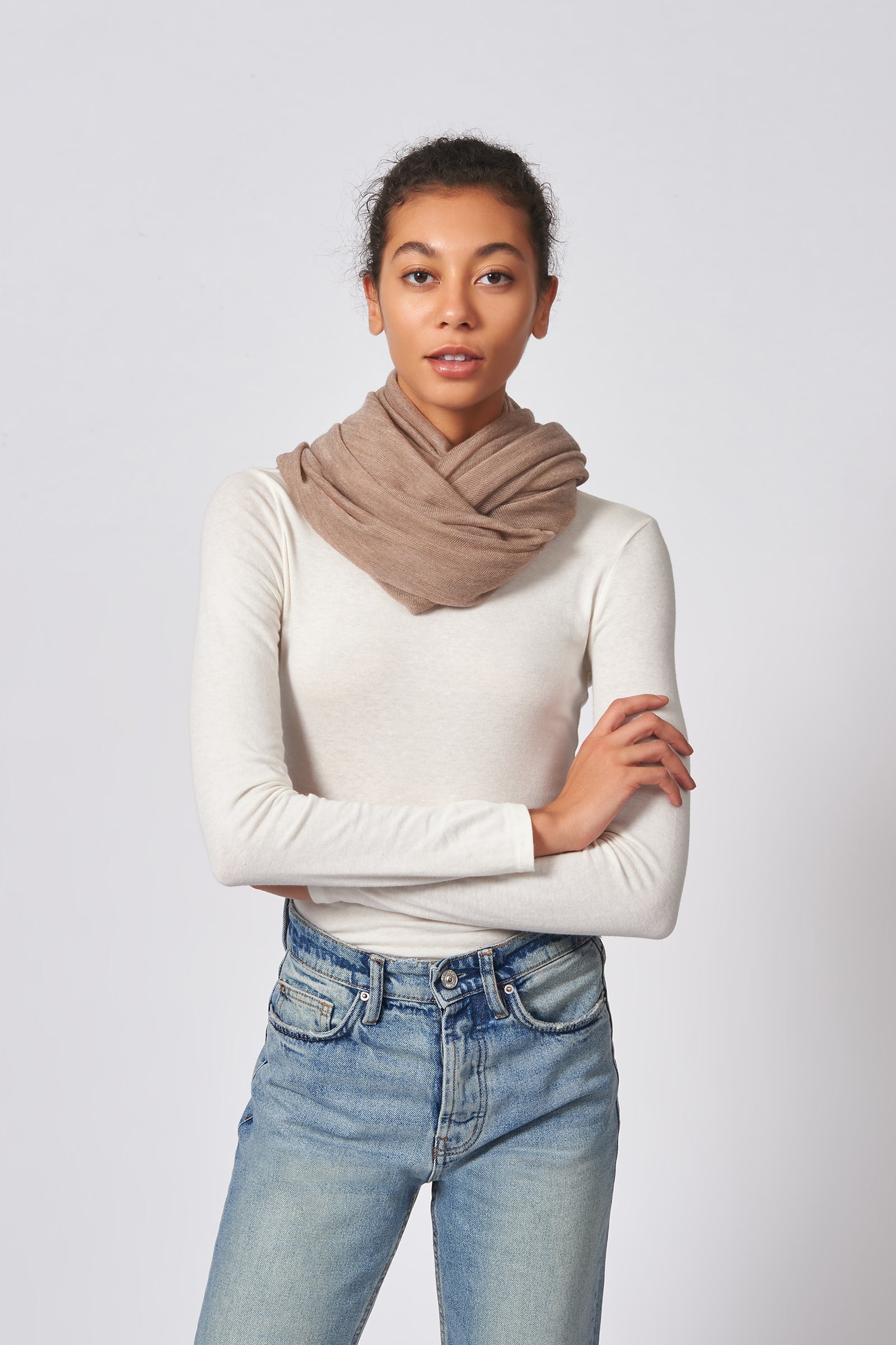 Kal Rieman Infinity Circle Scarf in Dark Beige on Model Front View Tied
