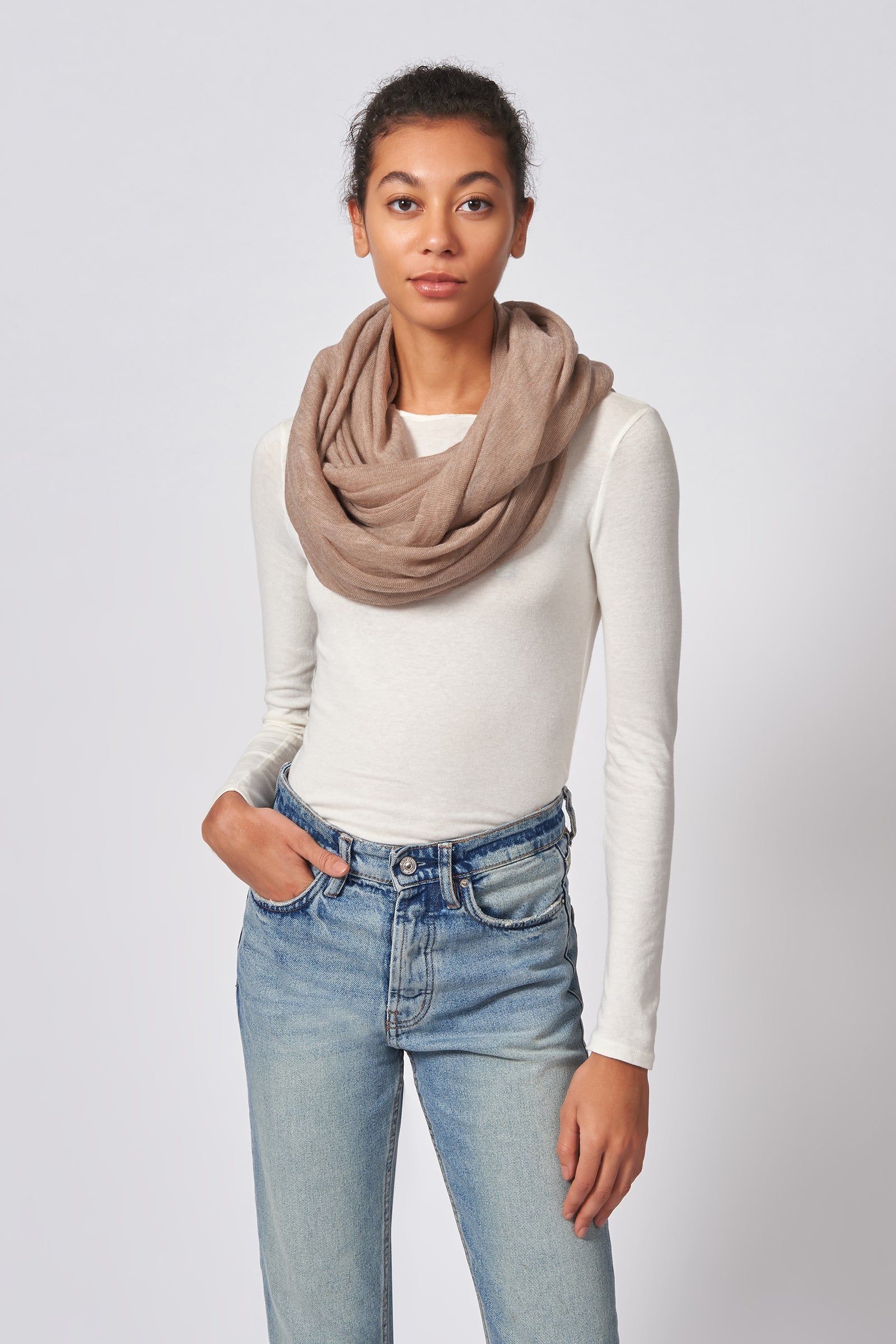Kal Rieman Infinity Circle Scarf in Dark Beige on Model Front View Tied