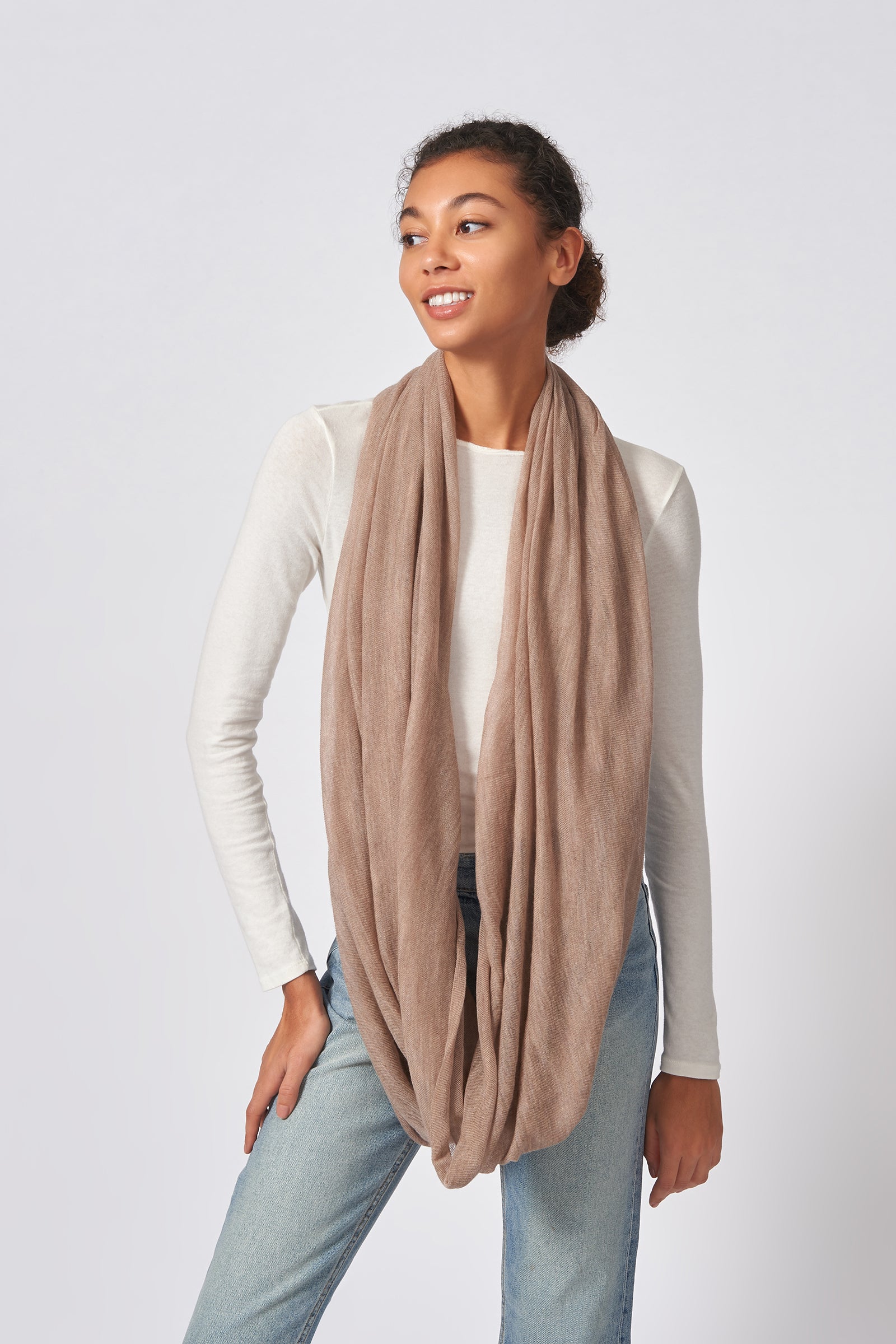 Kal Rieman Infinity Circle Scarf in Dark Beige on Model Front Full View Untied