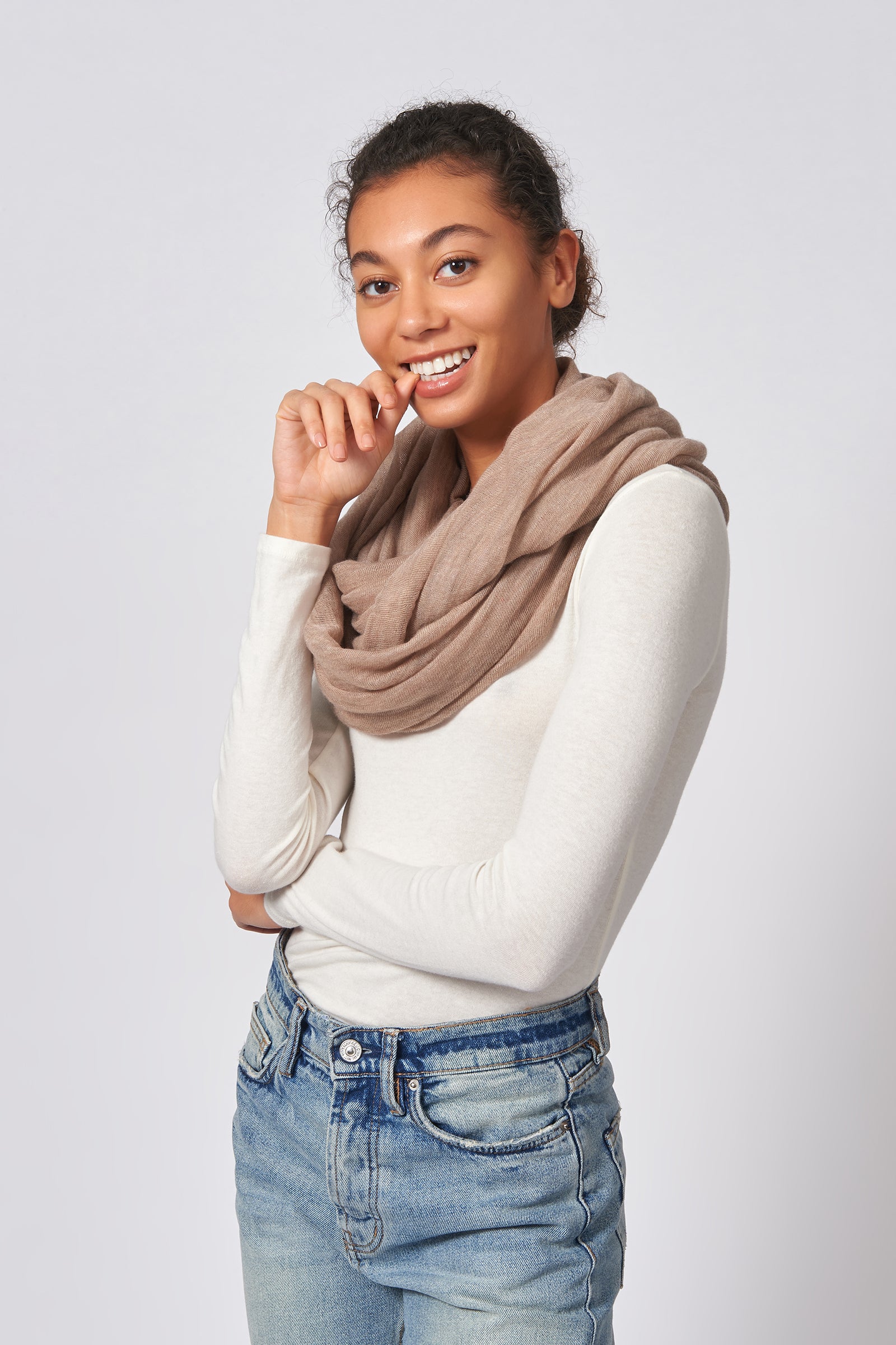 Kal Rieman Infinity Circle Scarf in Dark Beige on Model Front Side View Tied