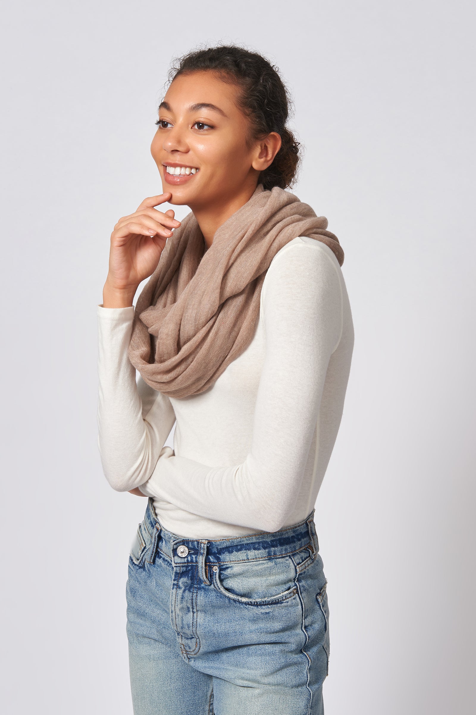 Kal Rieman Infinity Circle Scarf in Dark Beige on Model Front Side View Tied