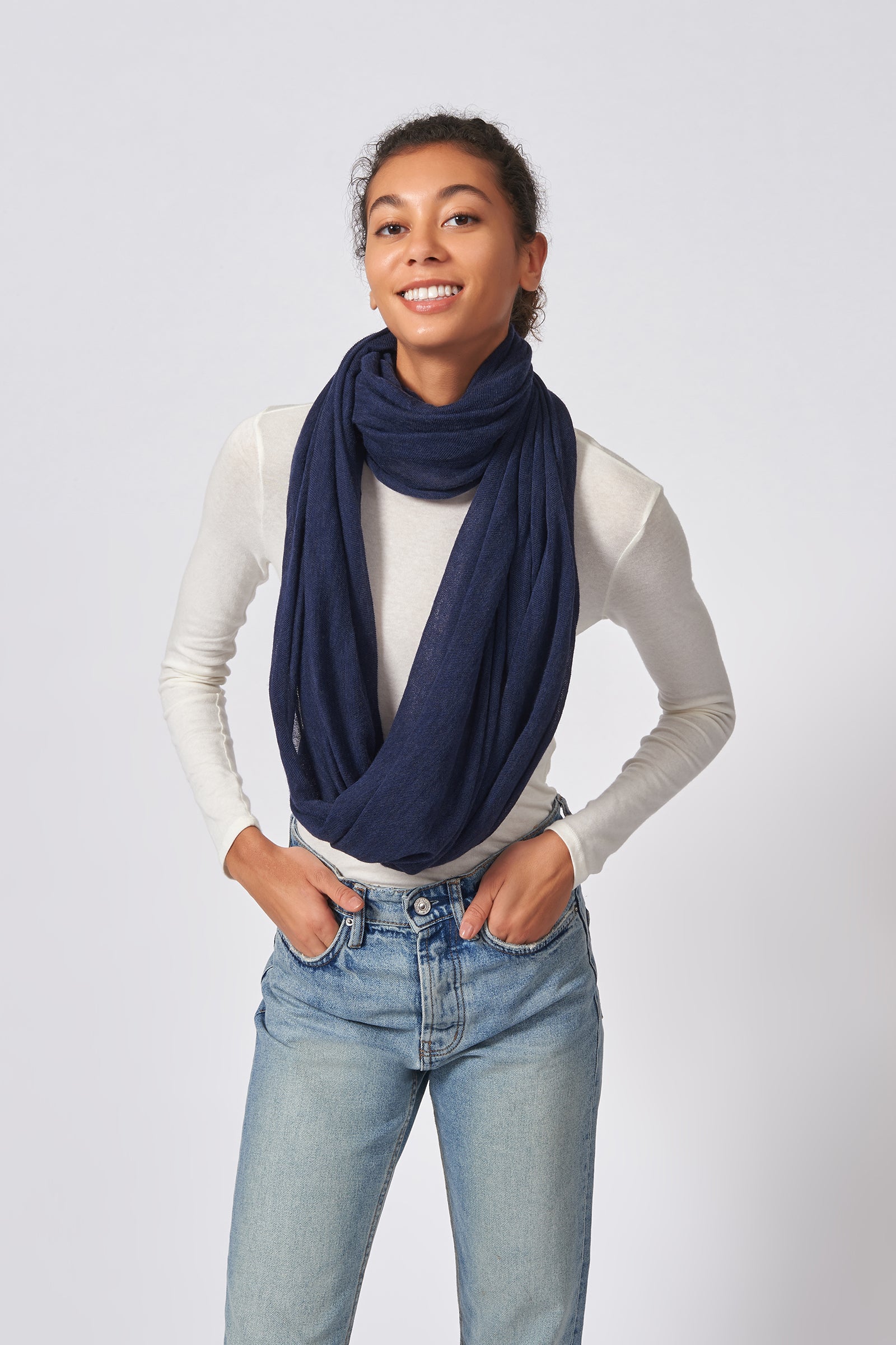 Kal Rieman Infinity Circle Scarf in Navy on Model Front Full View Tied