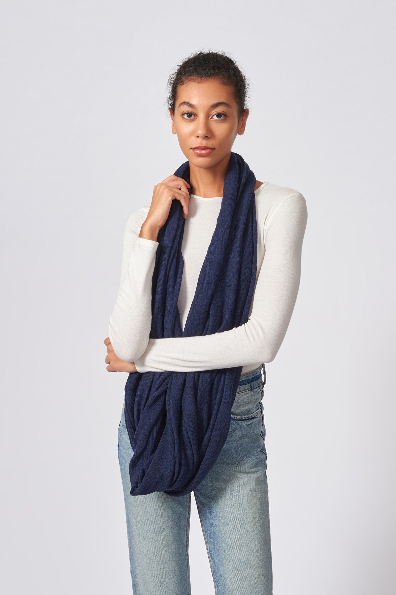 Kal Rieman Infinity Circle Scarf in Navy on Model Front Full View Untied