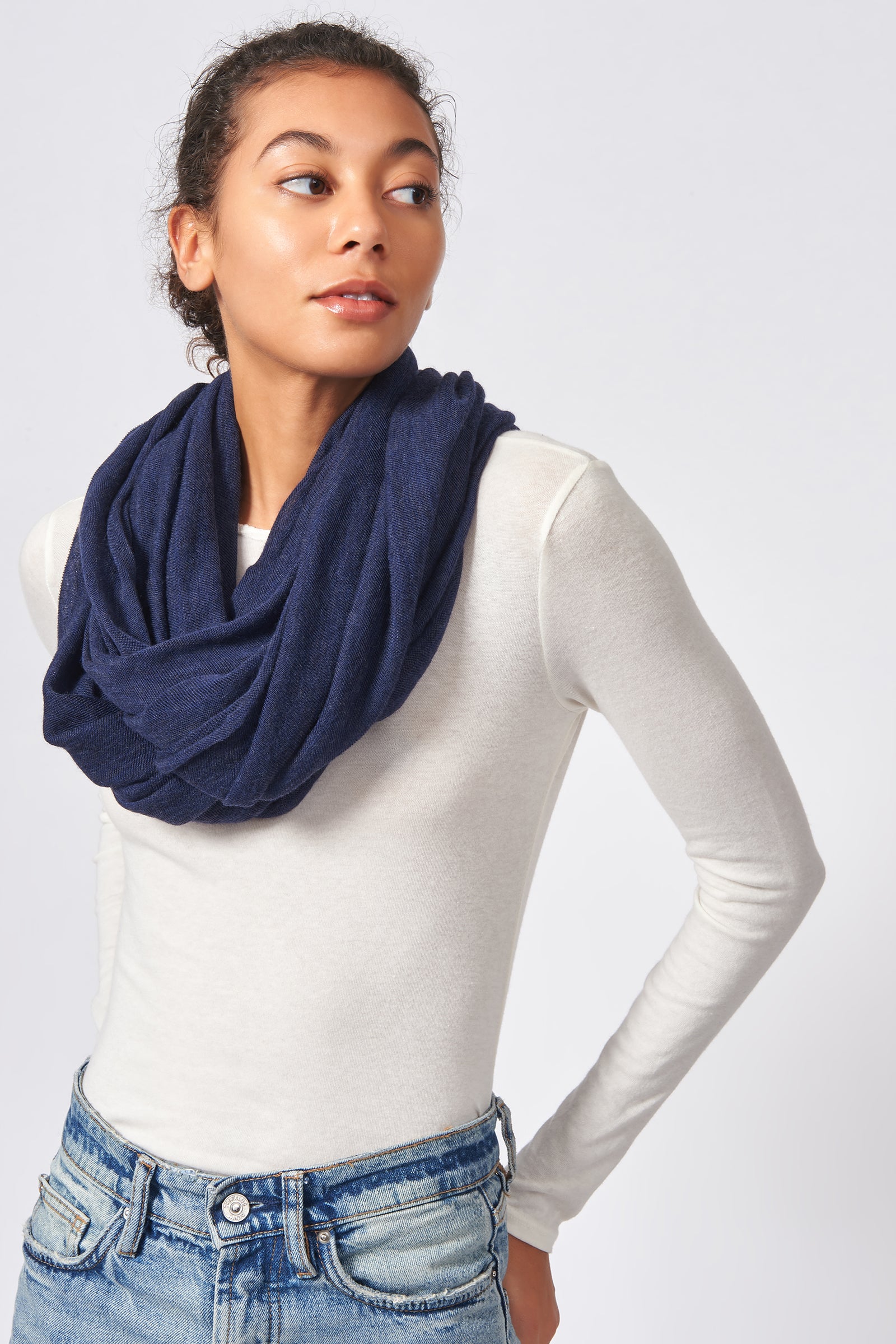 Kal Rieman Infinity Circle Scarf in Navy on Model Front Side View Tied