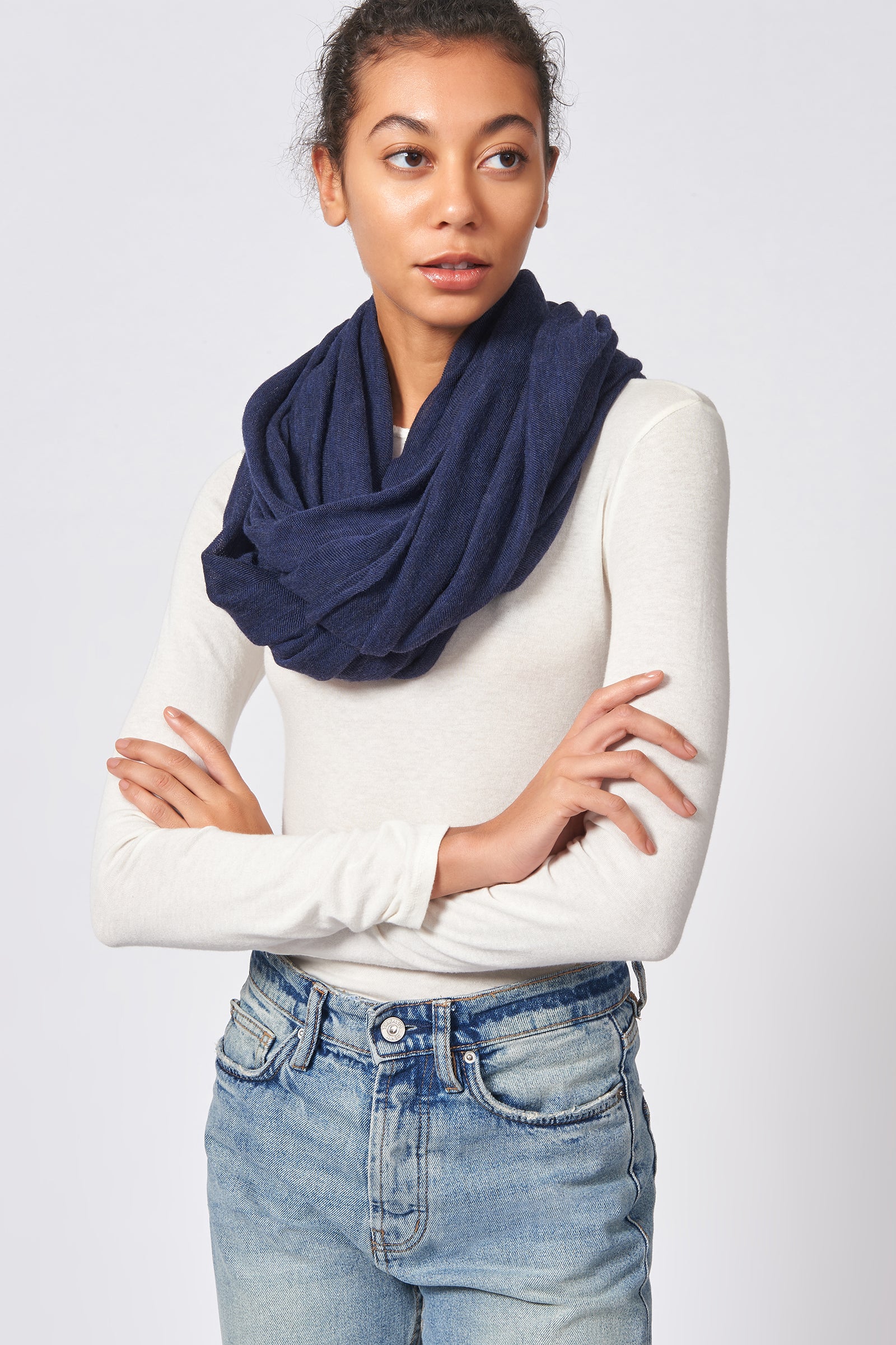 Kal Rieman Infinity Circle Scarf in Navy on Model Front View Tied