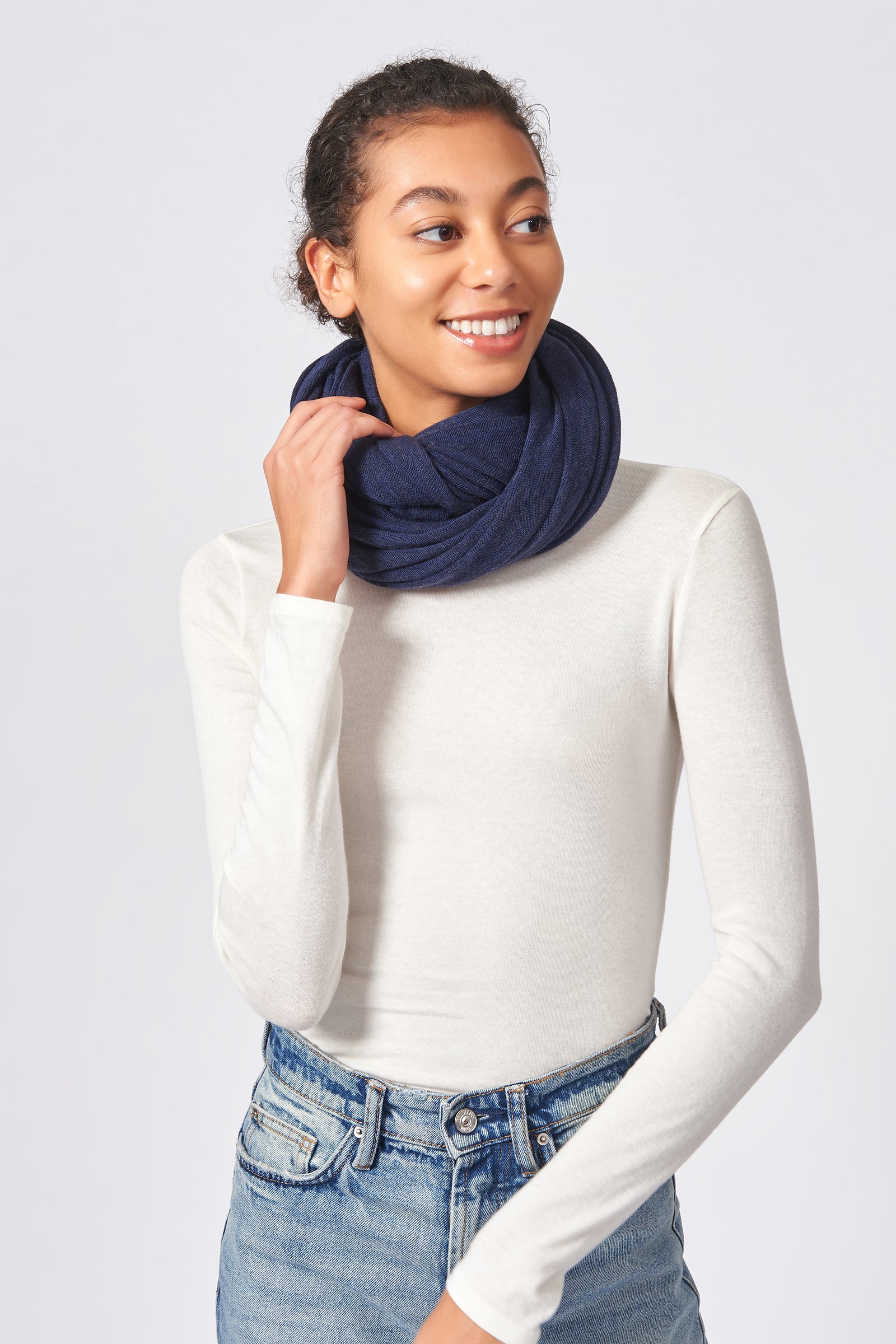 Kal Rieman Infinity Circle Scarf in Navy on Model Front View Tied