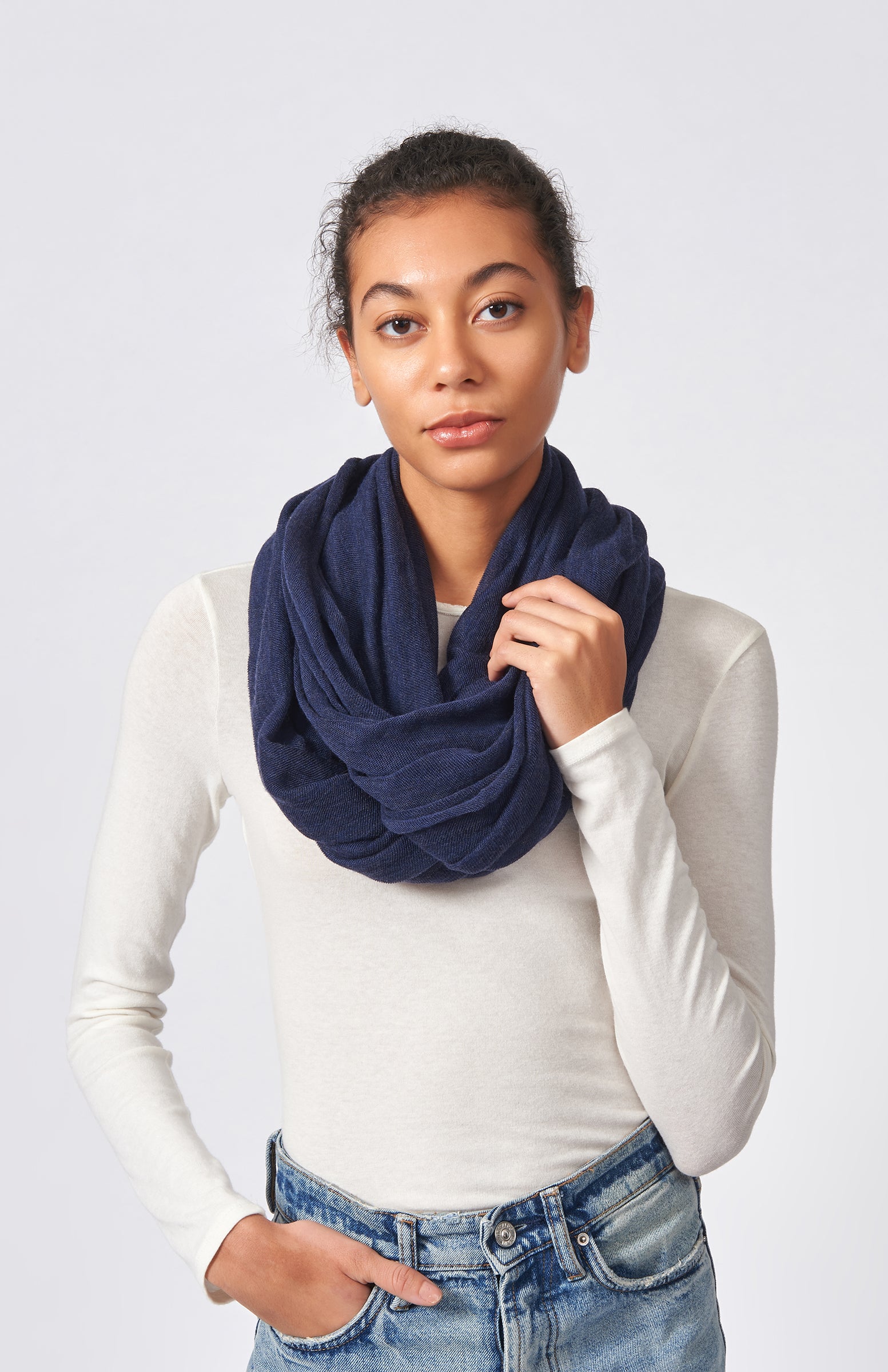 Kal Rieman Infinity Circle Scarf in Navy on Model Front View Tied