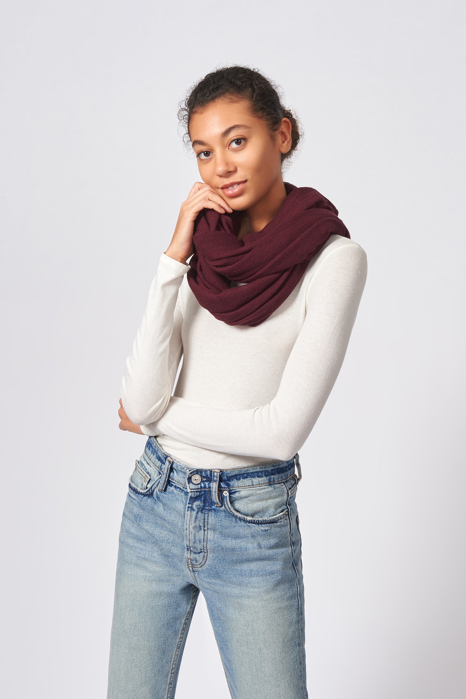 Kal Rieman Infinity Circle Scarf in Wine on Model Front View Tied