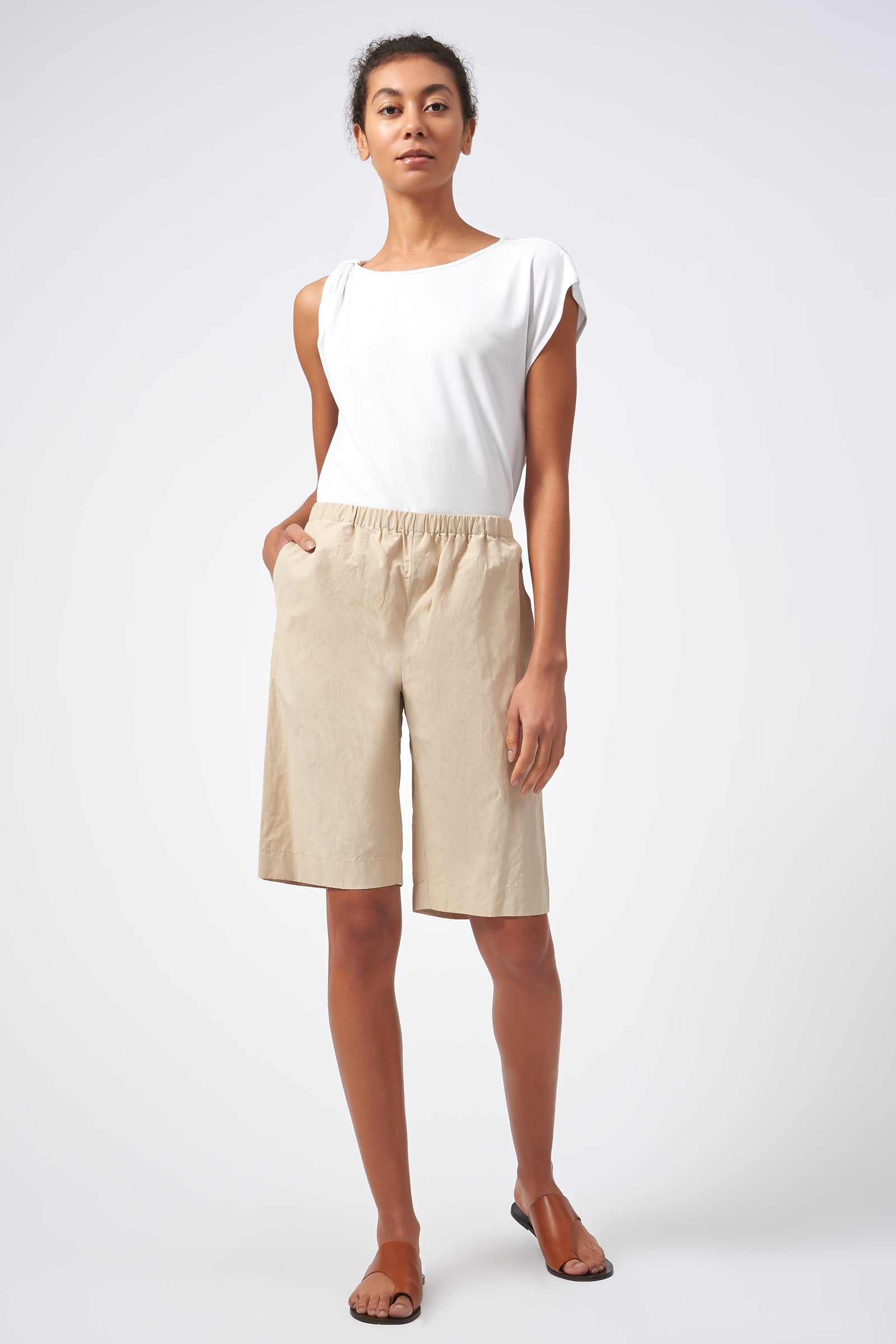 Kal Rieman Italian Cotton Nylon Bermuda Khaki On Model Front View
