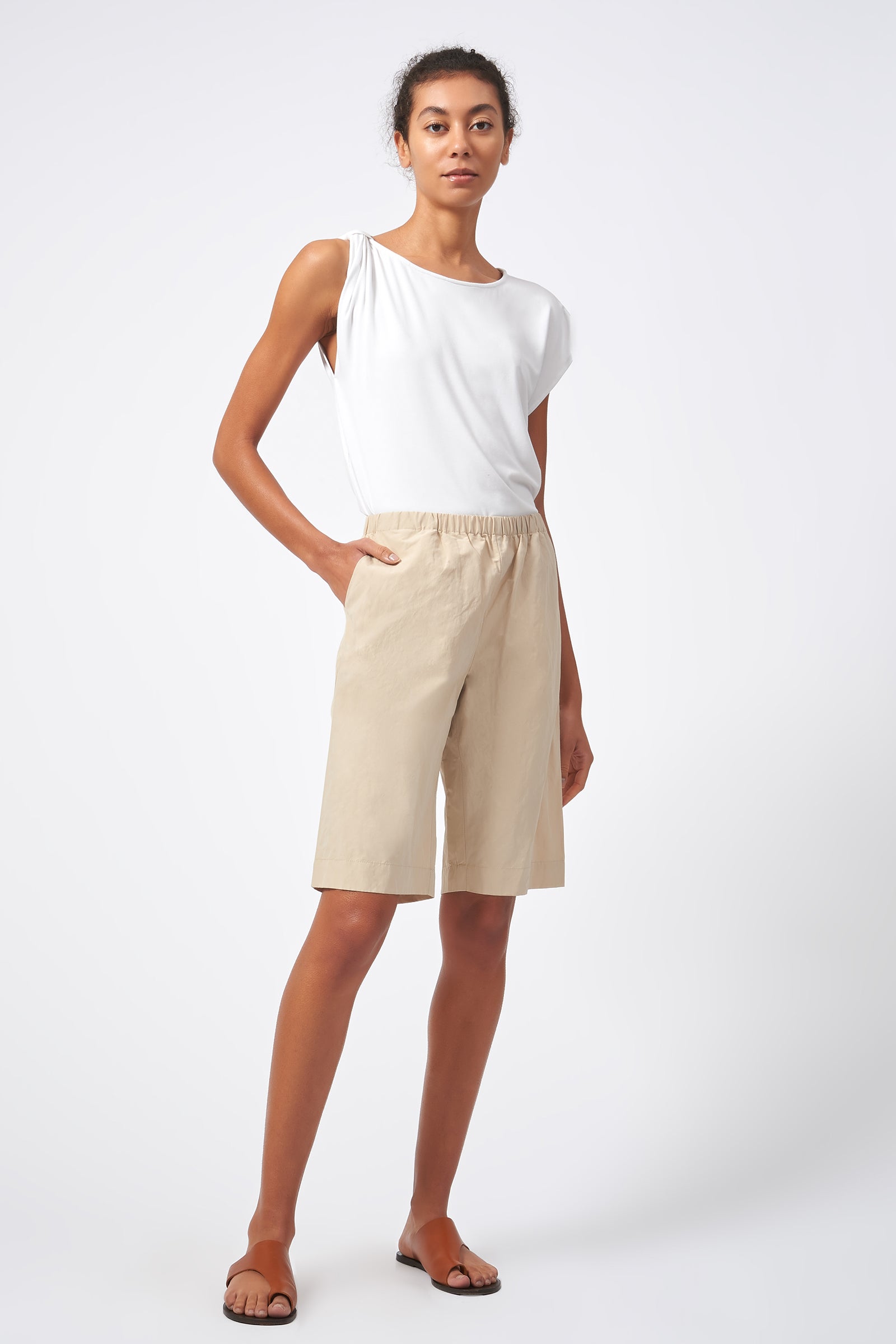 Kal Rieman Italian Cotton Nylon Bermuda Khaki On Model Front View 2