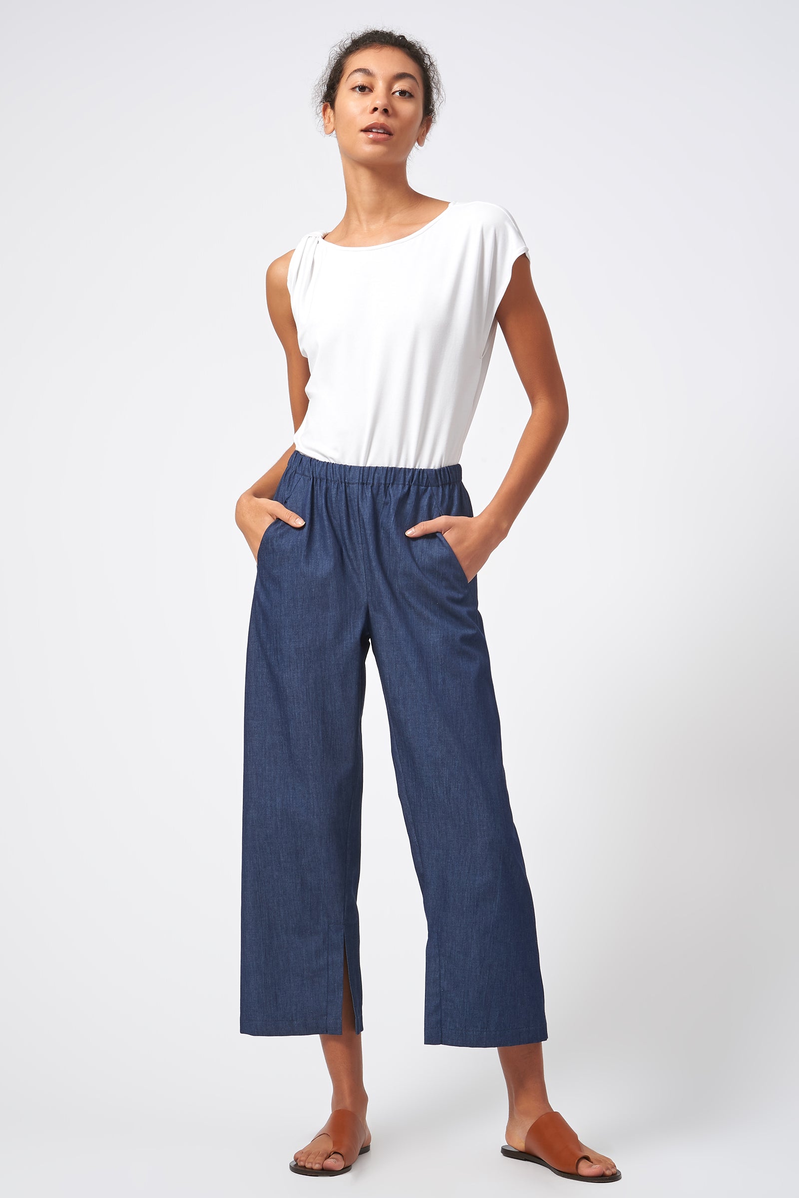Kal Rieman Italian Denim Split Hem Capri Classic Indigo On Model Front View