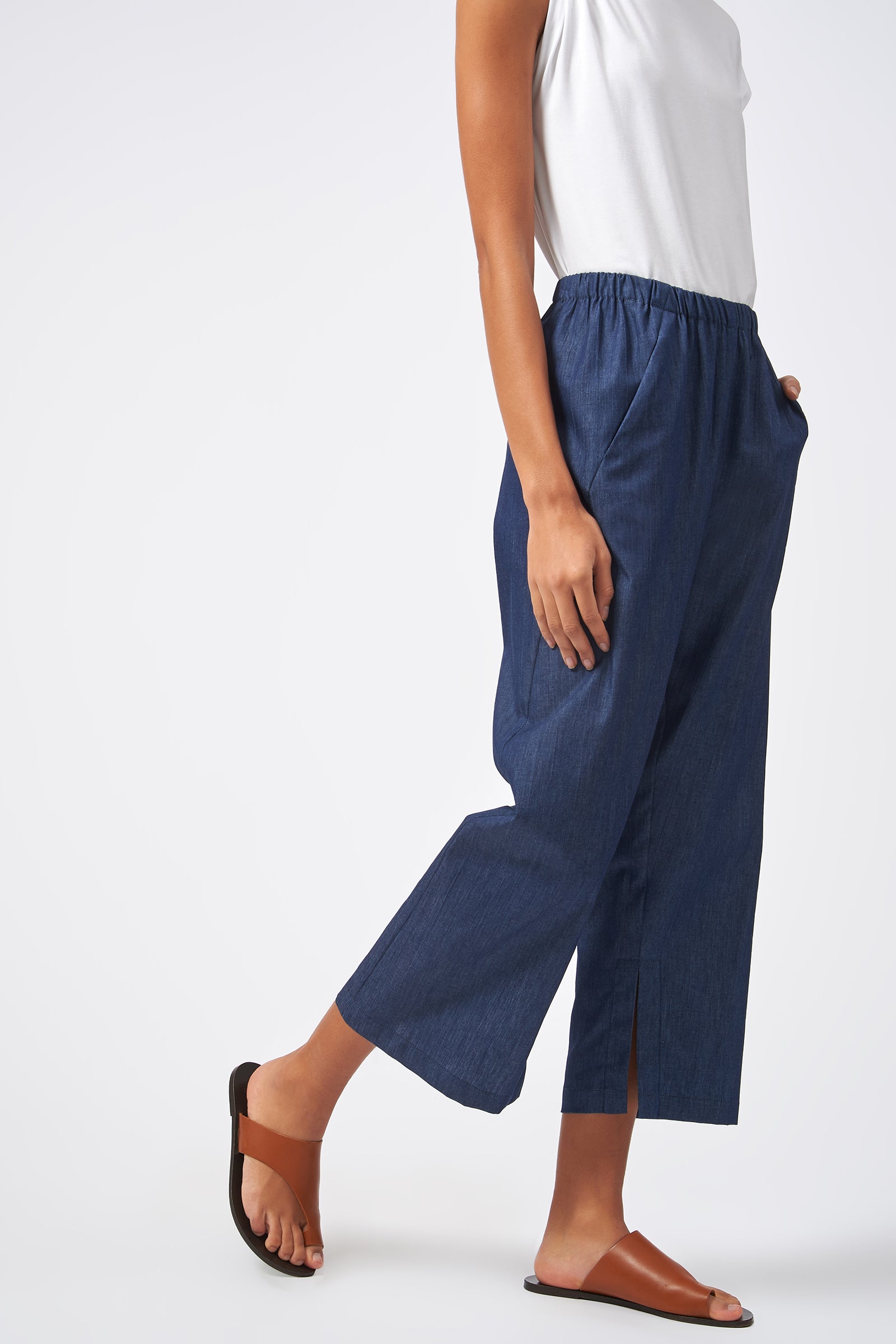 Kal Rieman Italian Denim Split Hem Capri Classic Indigo On Model Side View Detail
