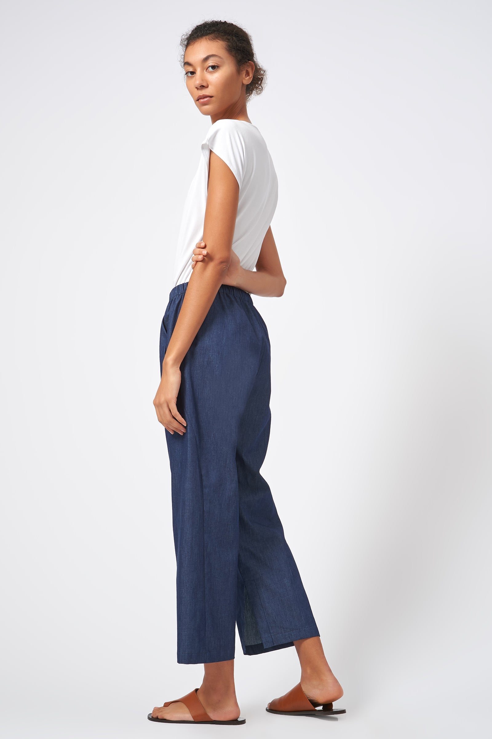 Kal Rieman Italian Denim Split Hem Capri Classic Indigo On Model Side View