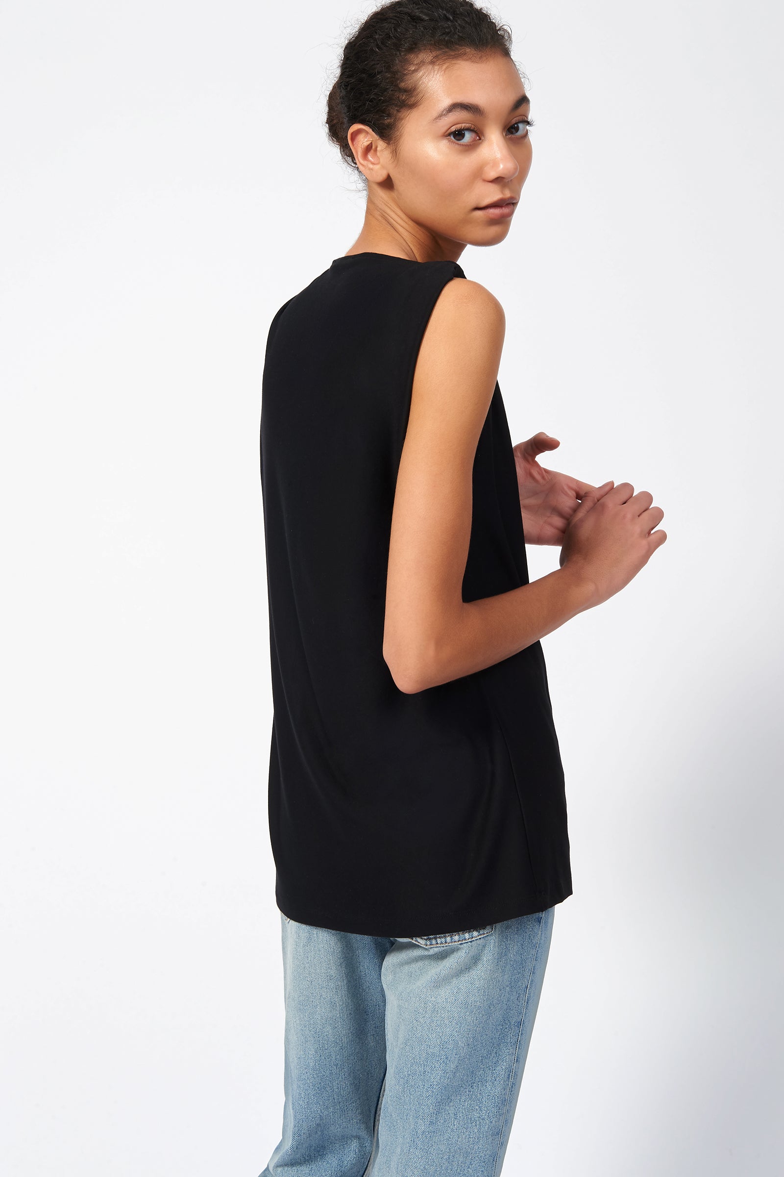 Kal Rieman Knot Shoulder Tee in Black on Model Back View