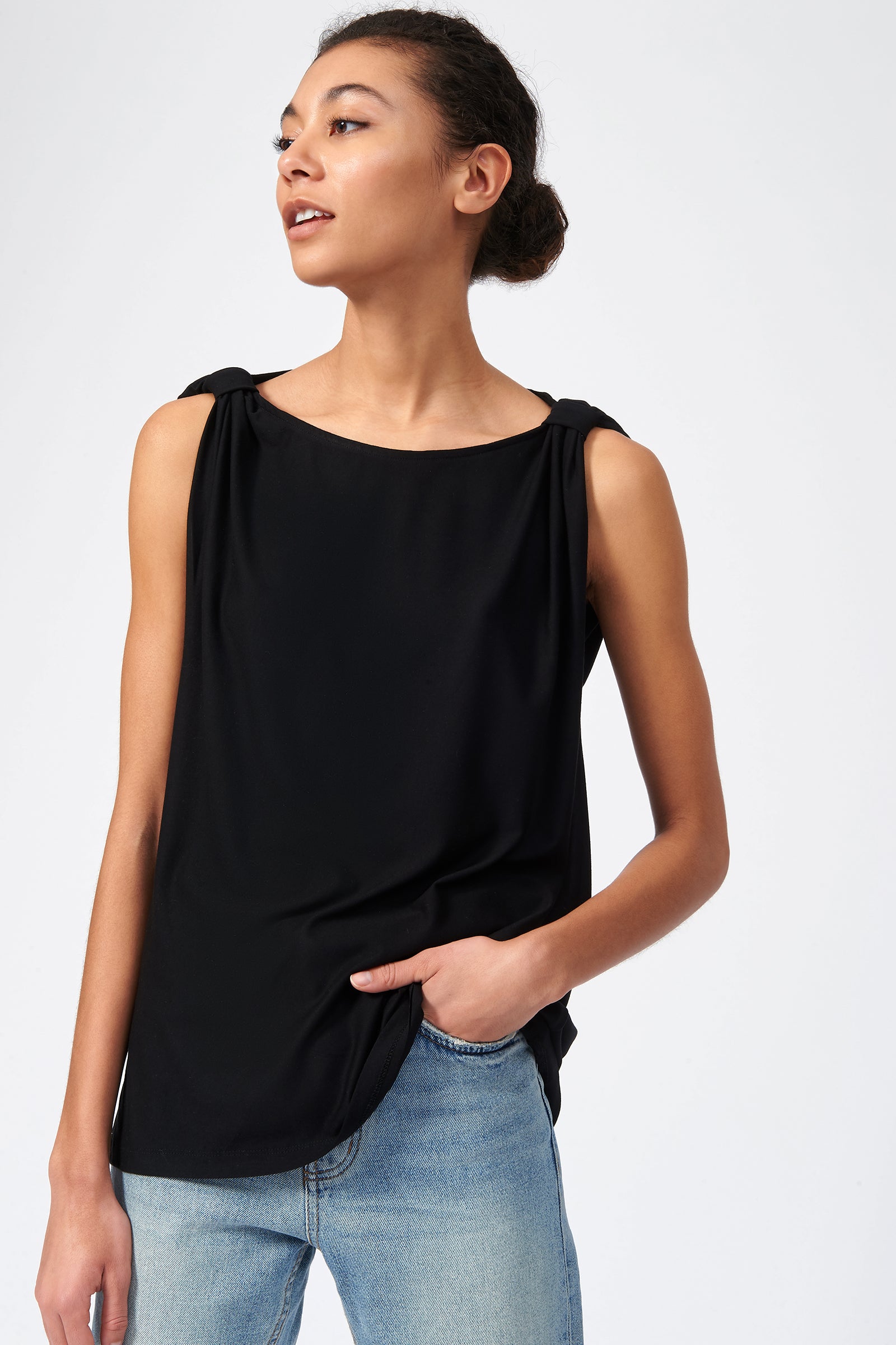Kal Rieman Knot Shoulder Tee in Black on Model Front View
