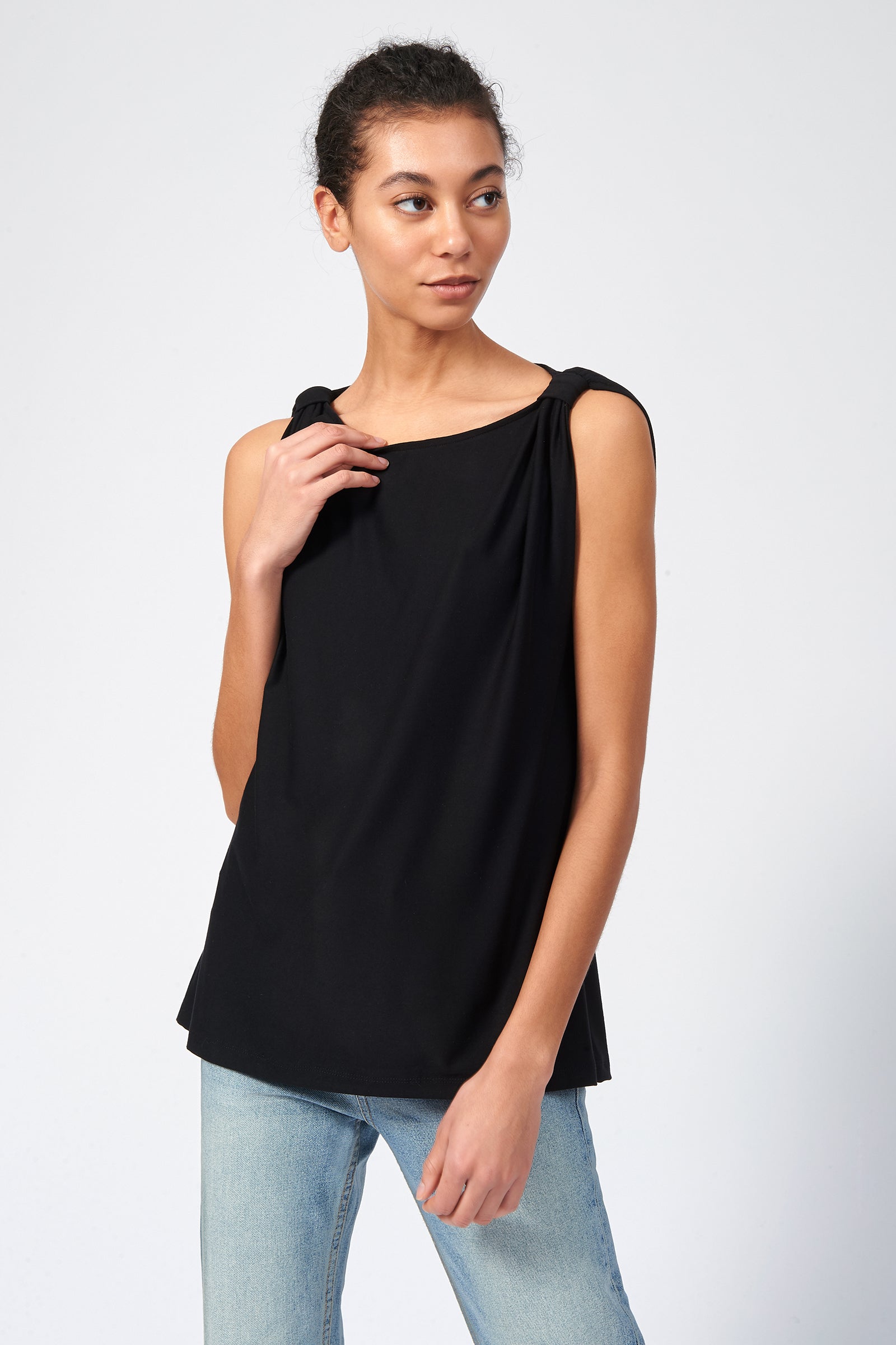 Kal Rieman Knot Shoulder Tee in Black on Model Front View