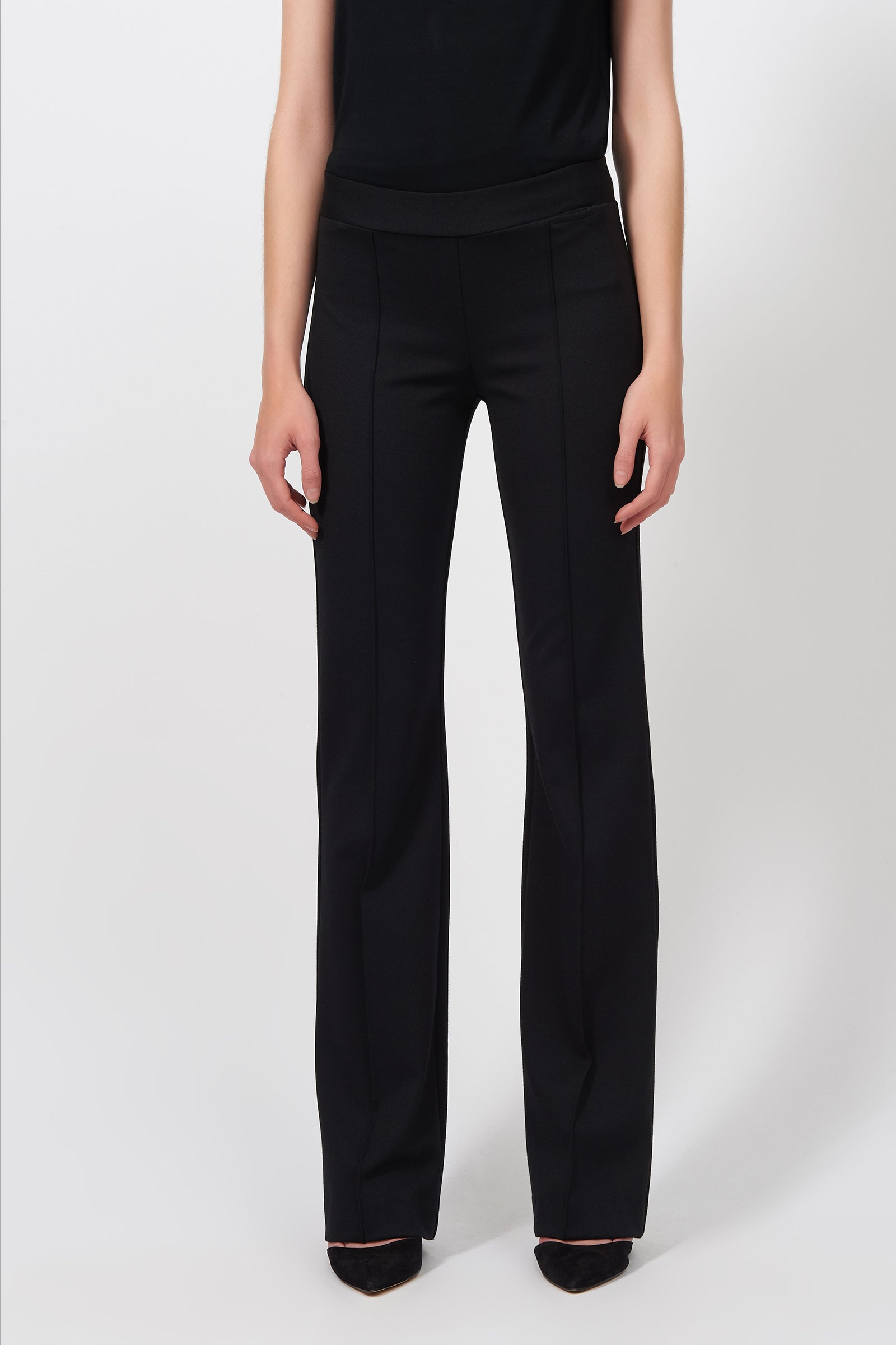 Kal Rieman Pintuck Ponte Column Pant in Black on Model Front View