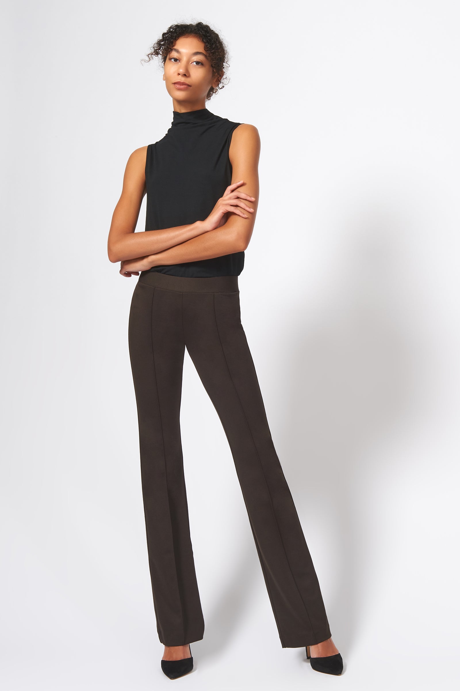 Kal Rieman Pintuck Ponte Column Pant in Espresso on Model Full Front Alternate View