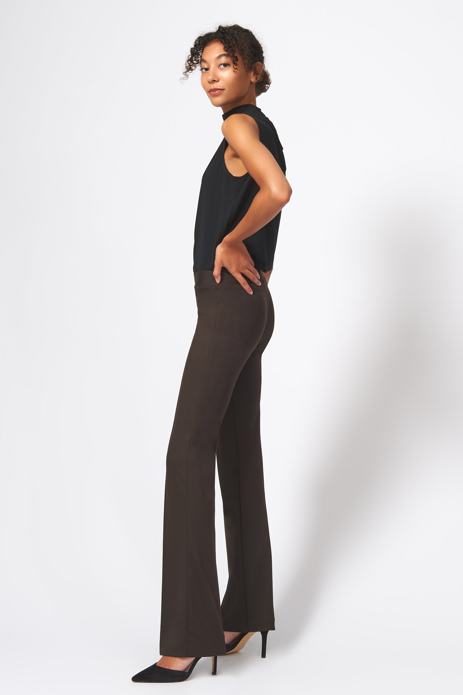 Kal Rieman Pintuck Ponte Column Pant in Espresso on Model Full Side View