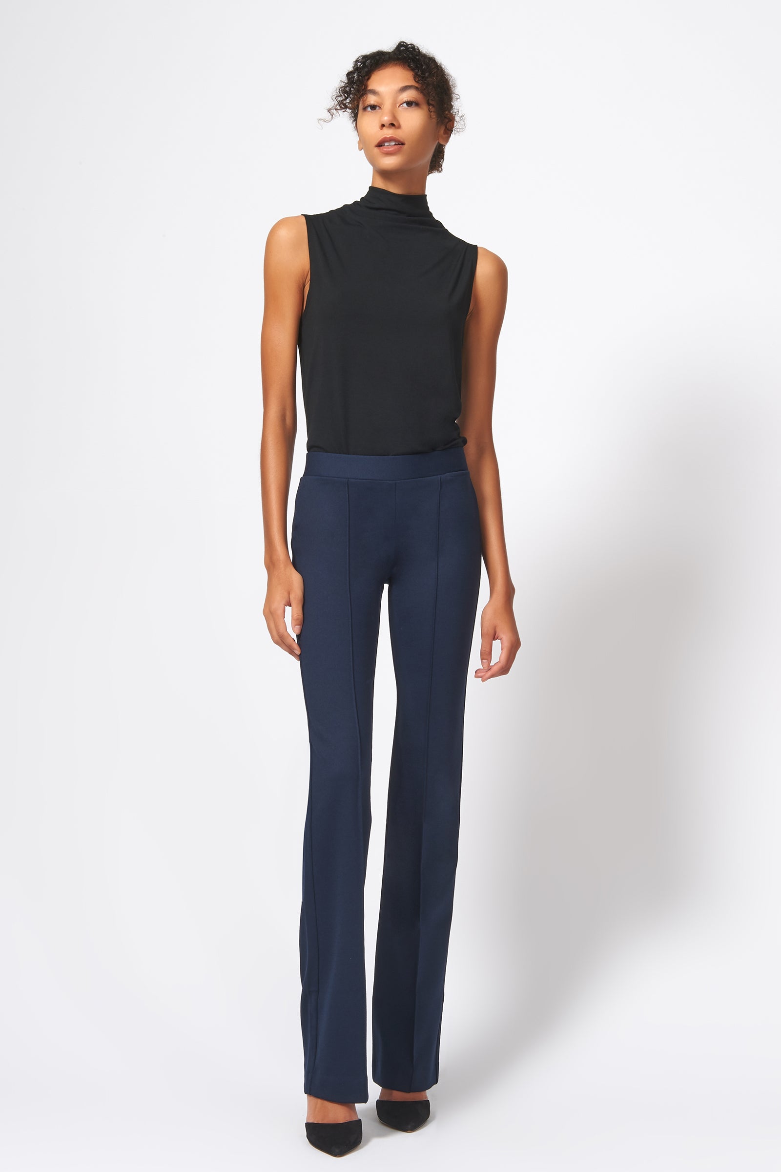 Kal Rieman Pintuck Ponte Column Pant in Navy on Model Full Front View