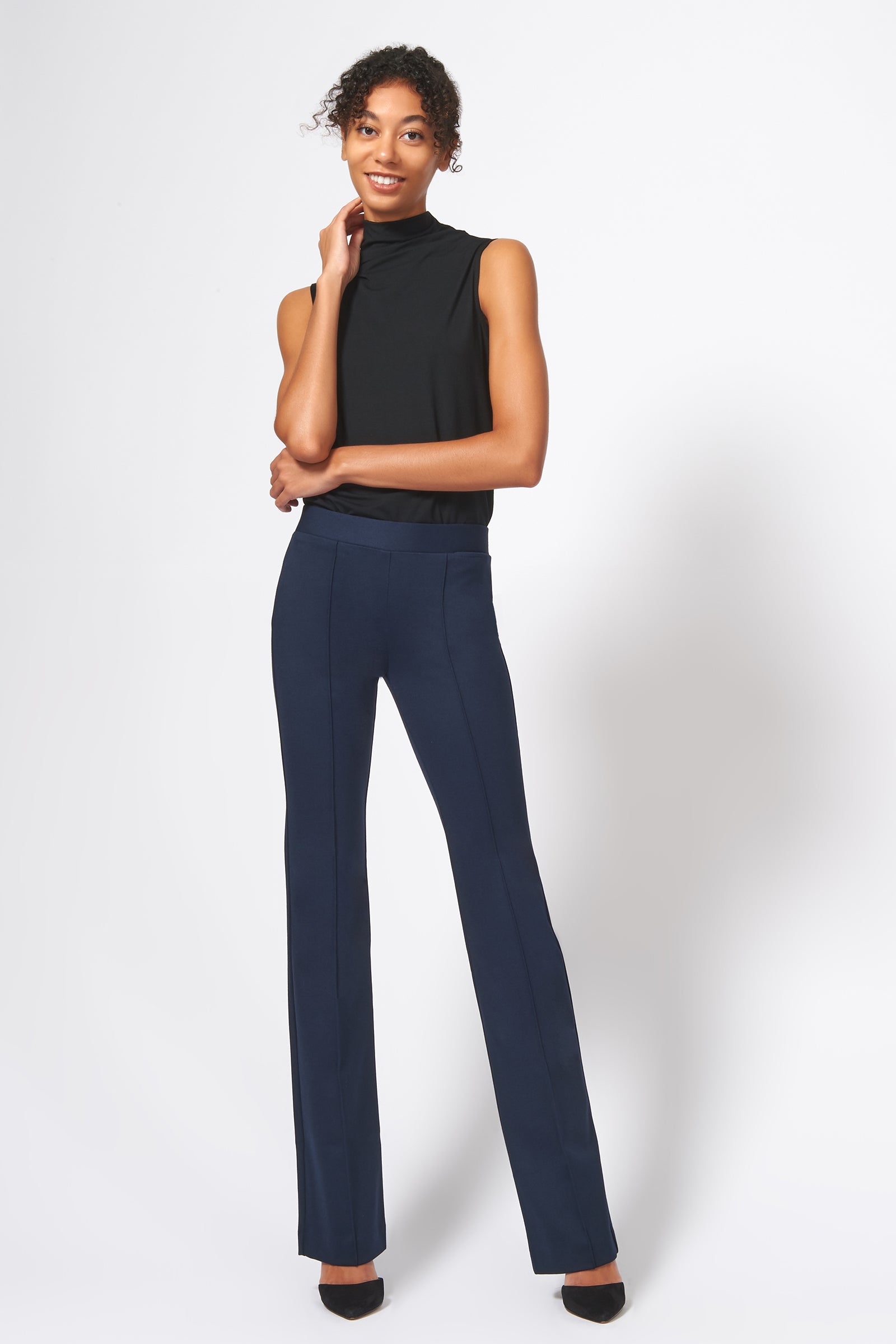 Kal Rieman Pintuck Ponte Column Pant in Navy on Model Full Front Alternate View