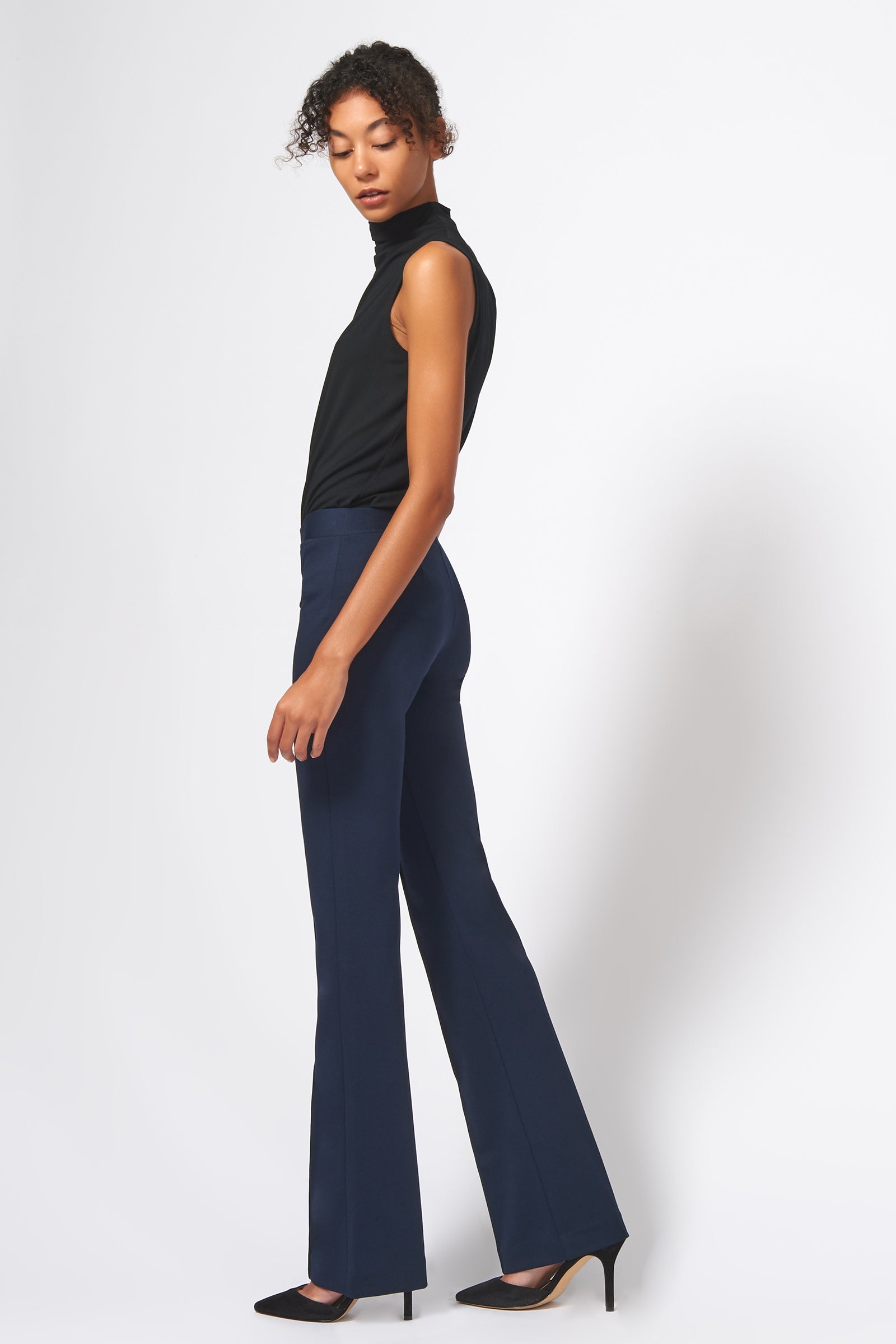 Kal Rieman Pintuck Ponte Column Pant in Navy on Model Full Side View