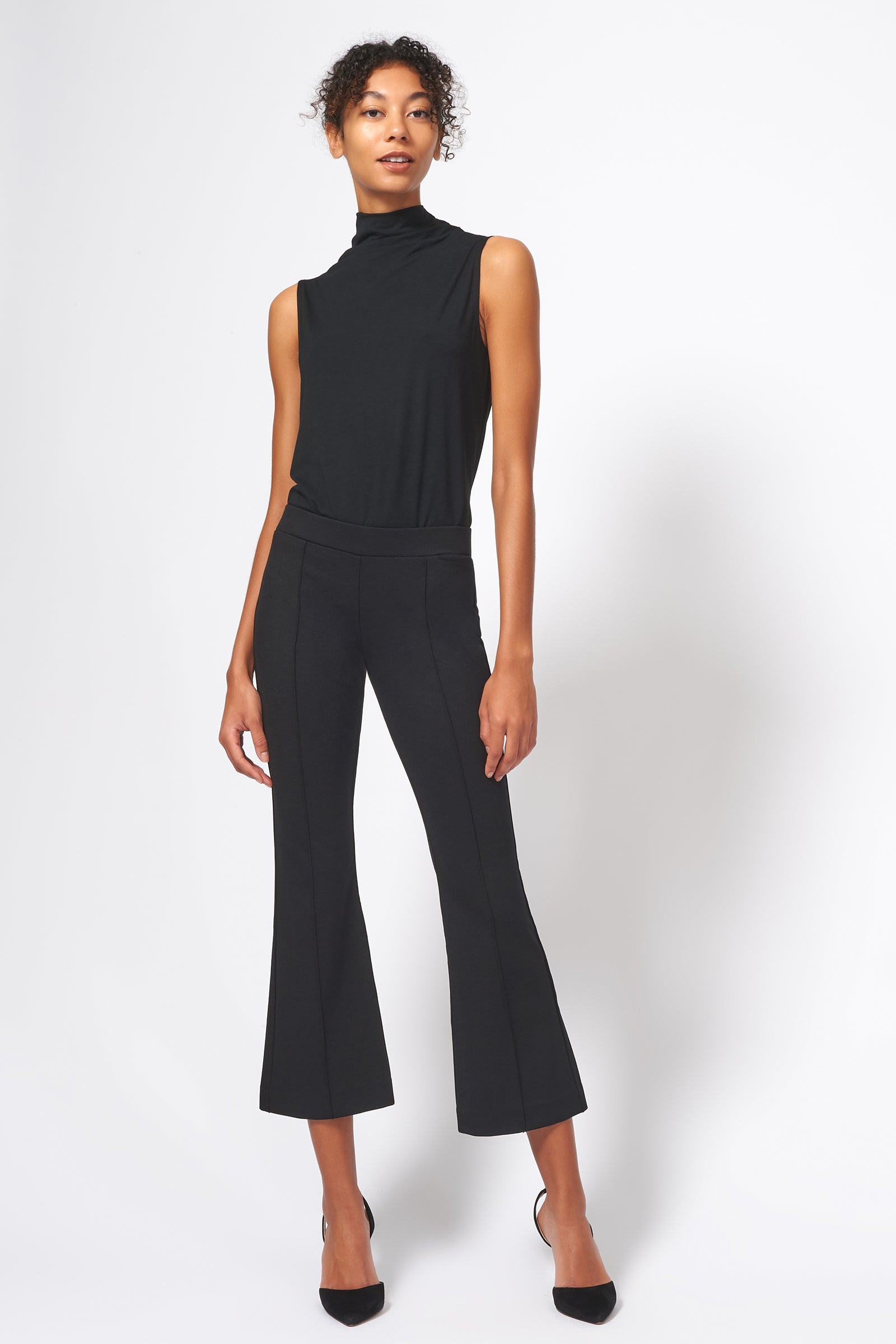 Kal Rieman Pintuck Ponte Crop Flare Pant in Black on Model Full Front Alternate View