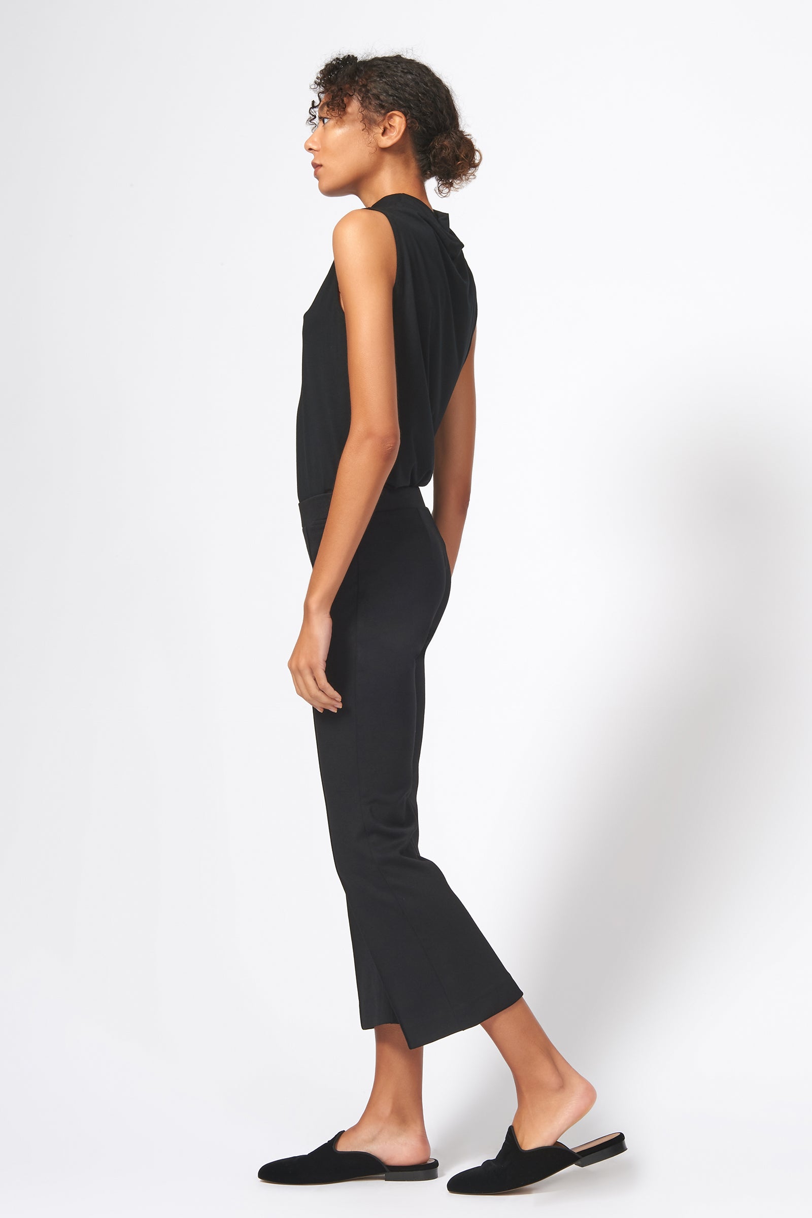 Kal Rieman Pintuck Ponte Crop Flare Pant in Black on Model Full Side View
