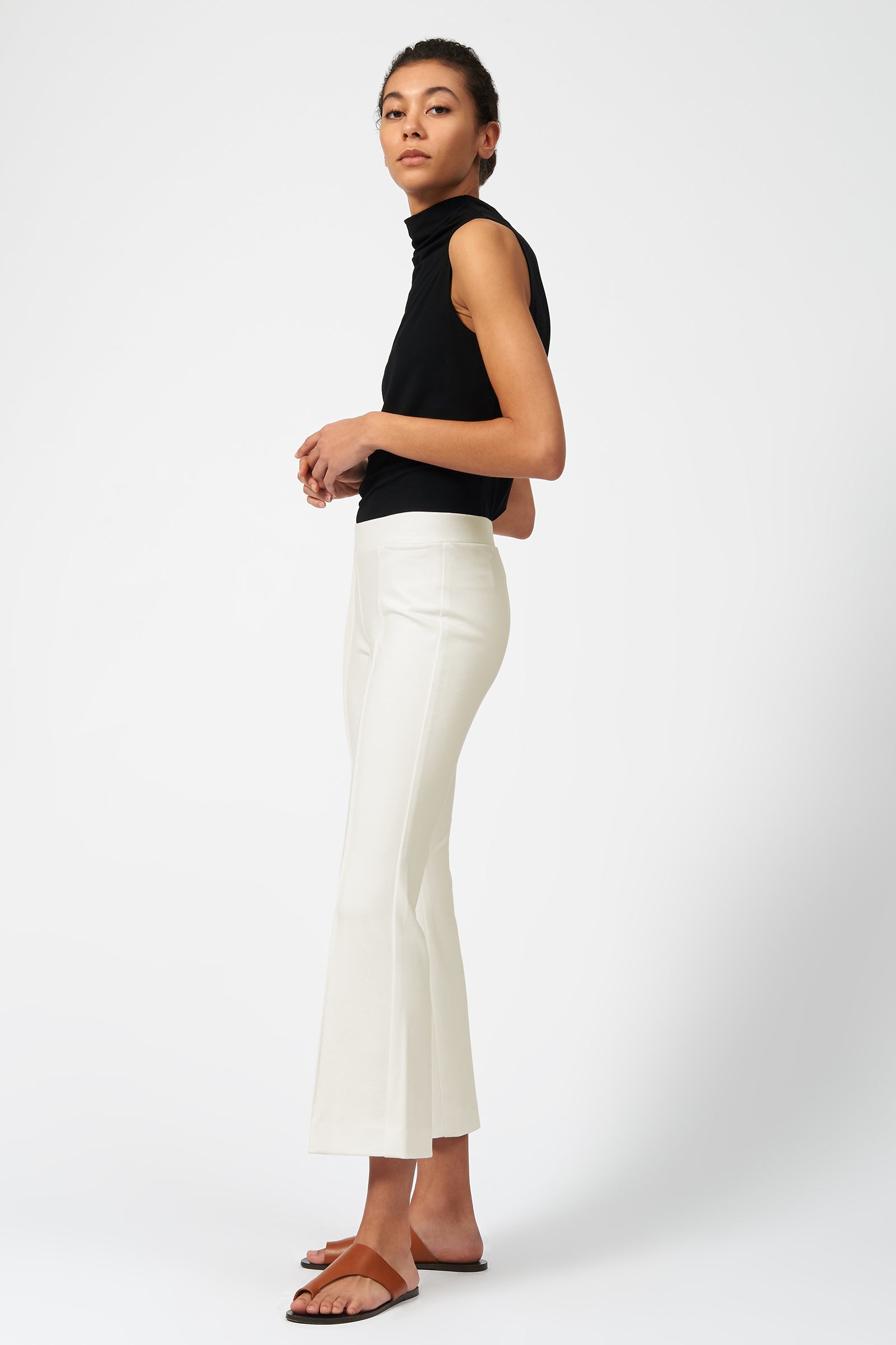Pintuck Ponte Crop Flare on model full side view