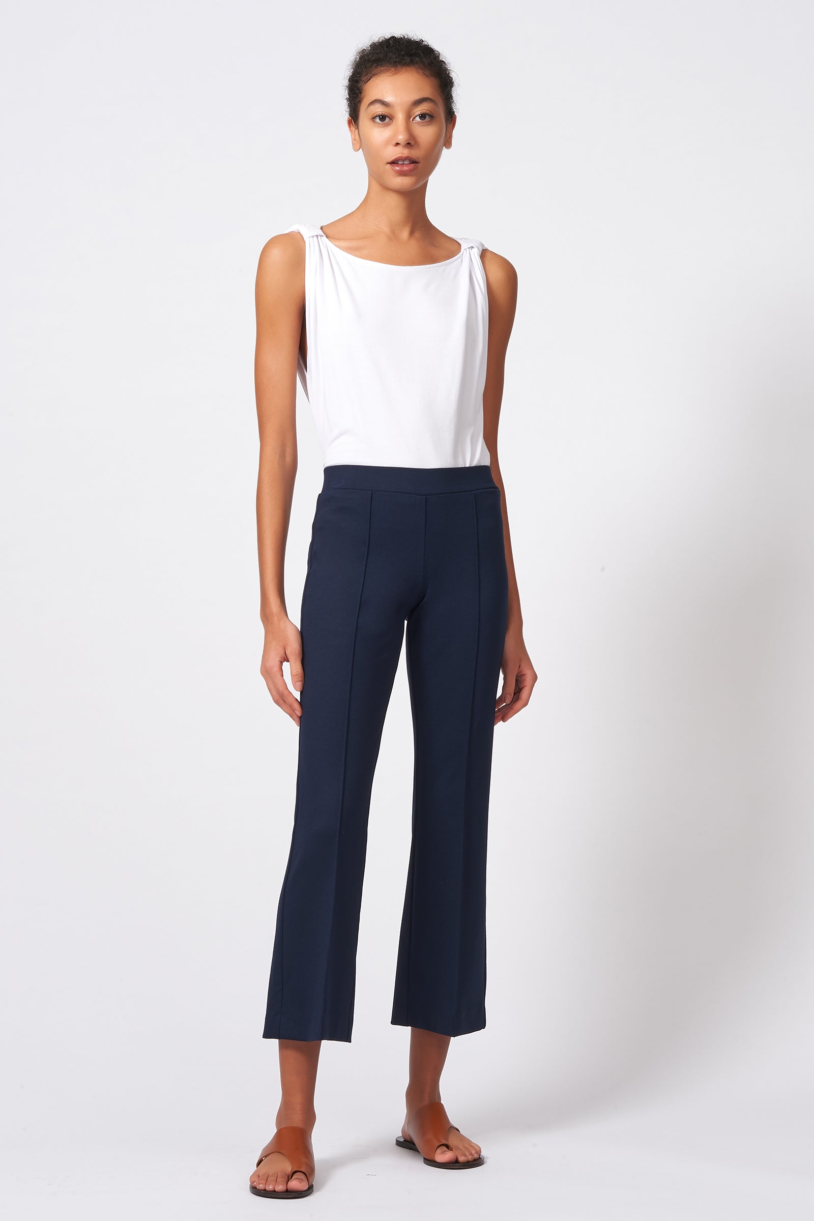 Kal Rieman Pintuck Crop Flare in Navy on Model Front Full View