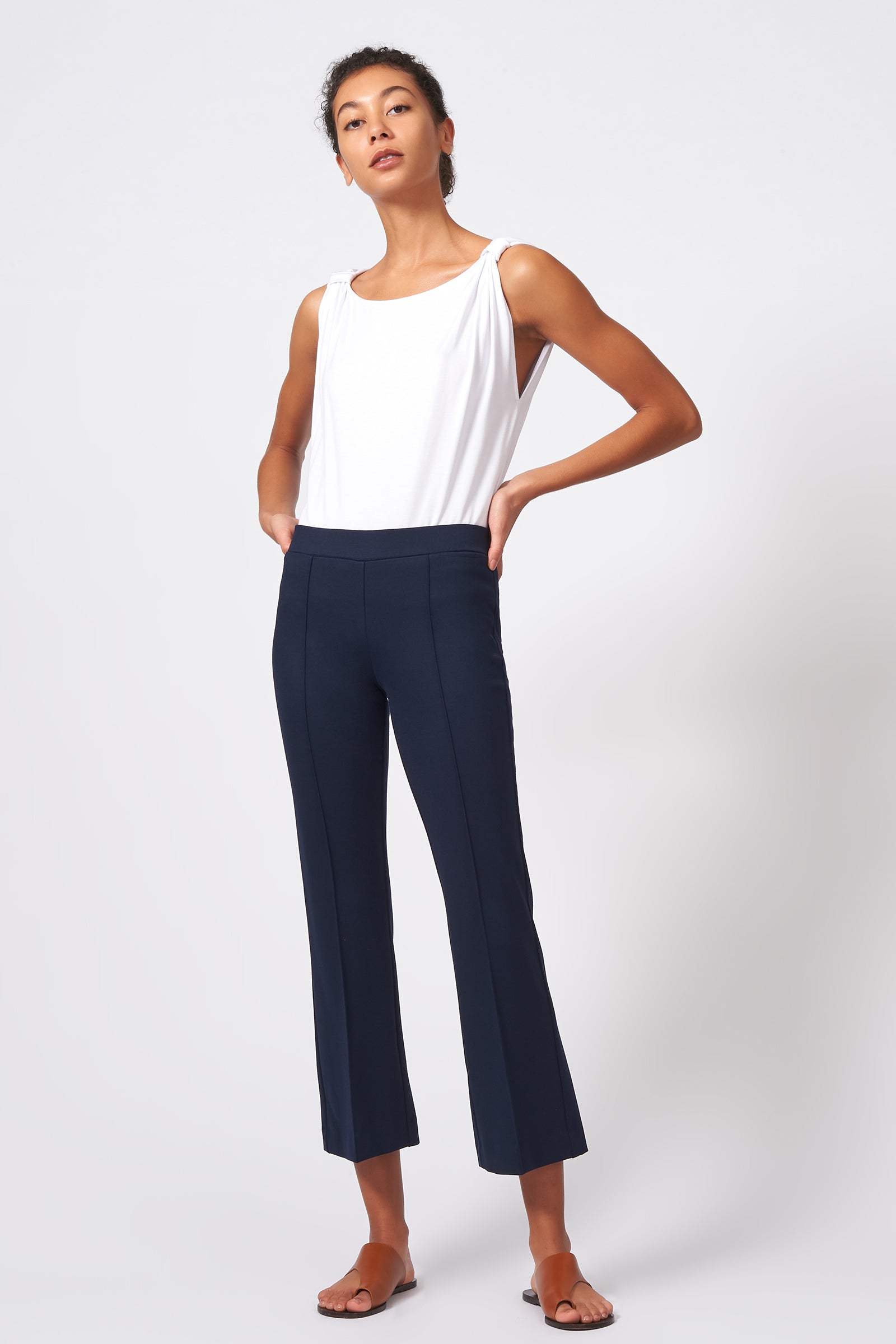 Kal Rieman Pintuck Crop Flare in Navy on Model Front Full View