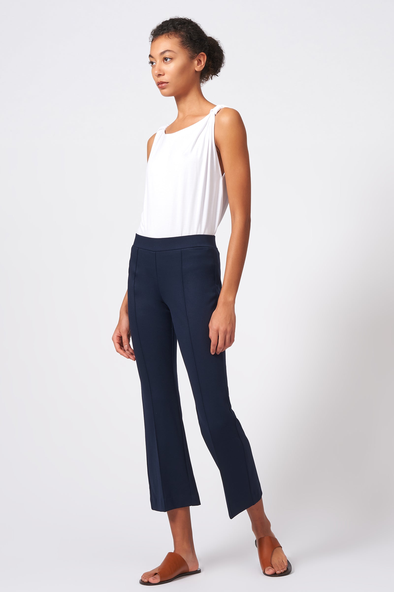 Kal Rieman Pintuck Crop Flare in Navy on Model Front Side Full View