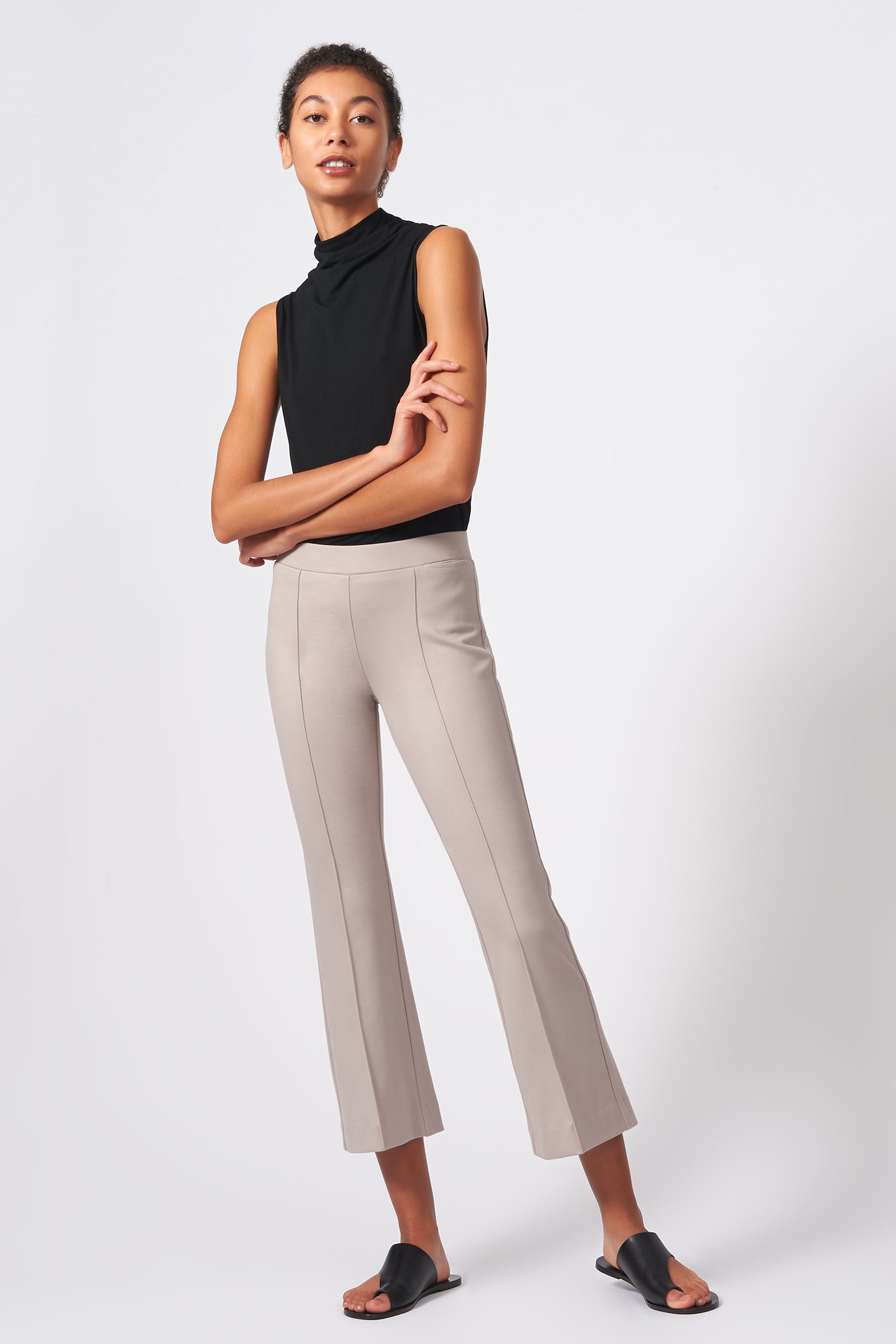 Kal Rieman Pintuck Ponte Crop Flare Pant in Taupe on Model Full Front View