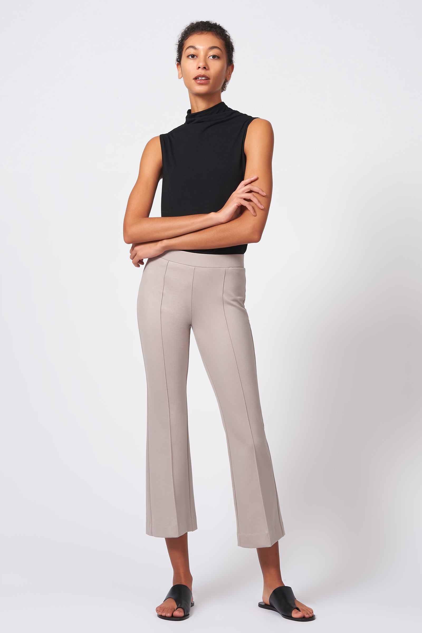 Kal Rieman Pintuck Ponte Crop Flare Pant in Taupe on Model Full Front View