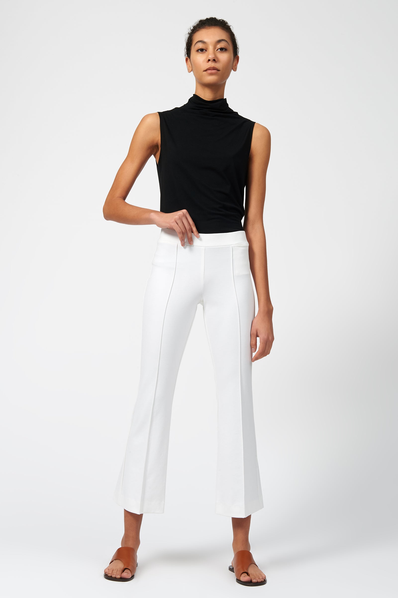 Kal Rieman Pintuck Ponte Crop Flare Pant in White on Model Full Front View