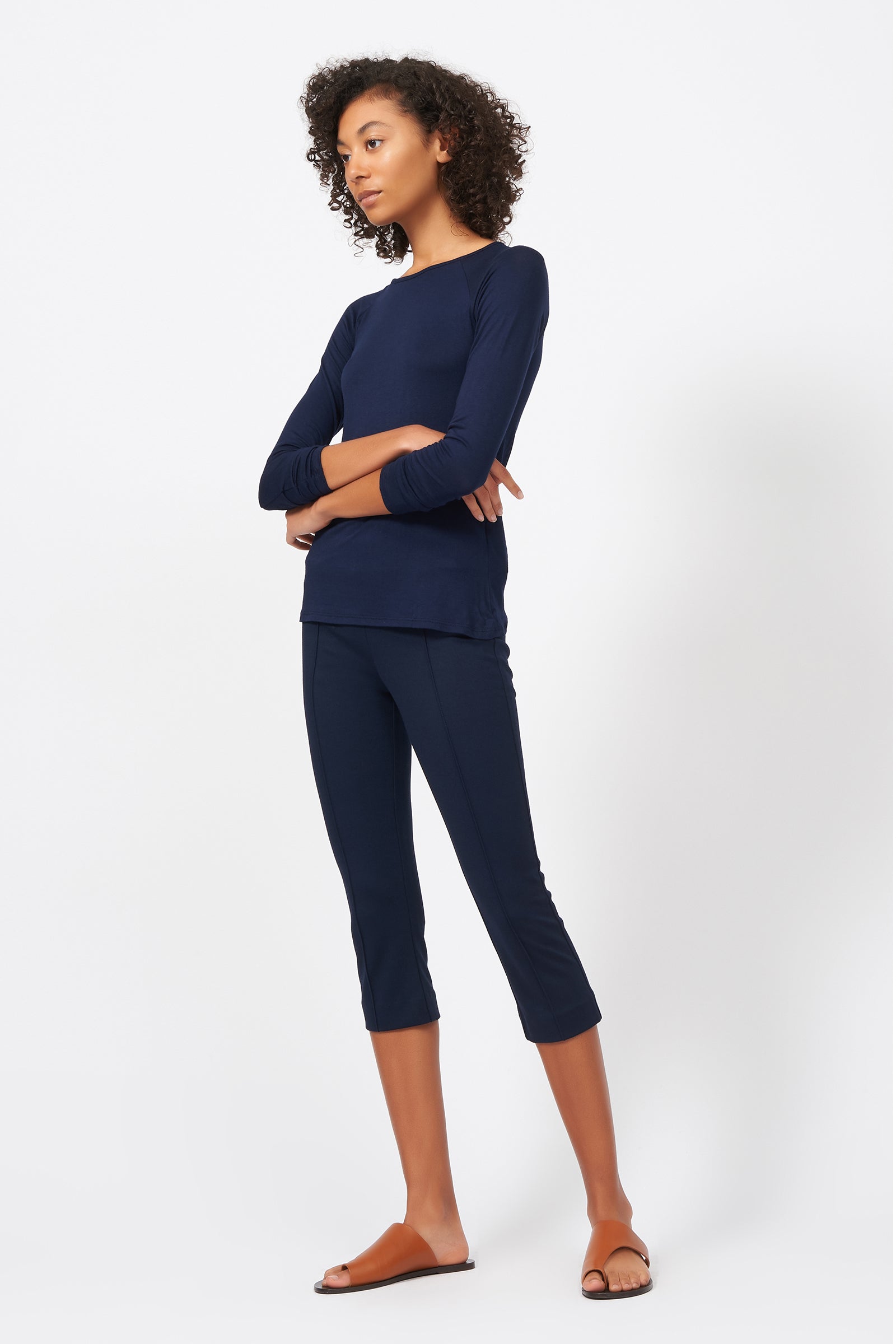 Kal Rieman Pintuck Ponte 3/4 Pant in Navy on Model Full Front Side View